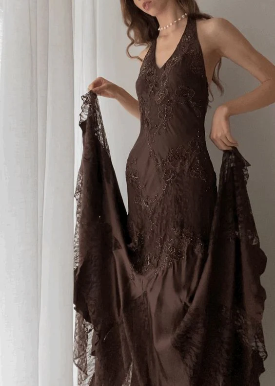 Elegant Halter A-Line Long Evening Prom Dress with Lace Detail - Formal Party Gown J3948 for Homecoming, Wedding & Special Occasions