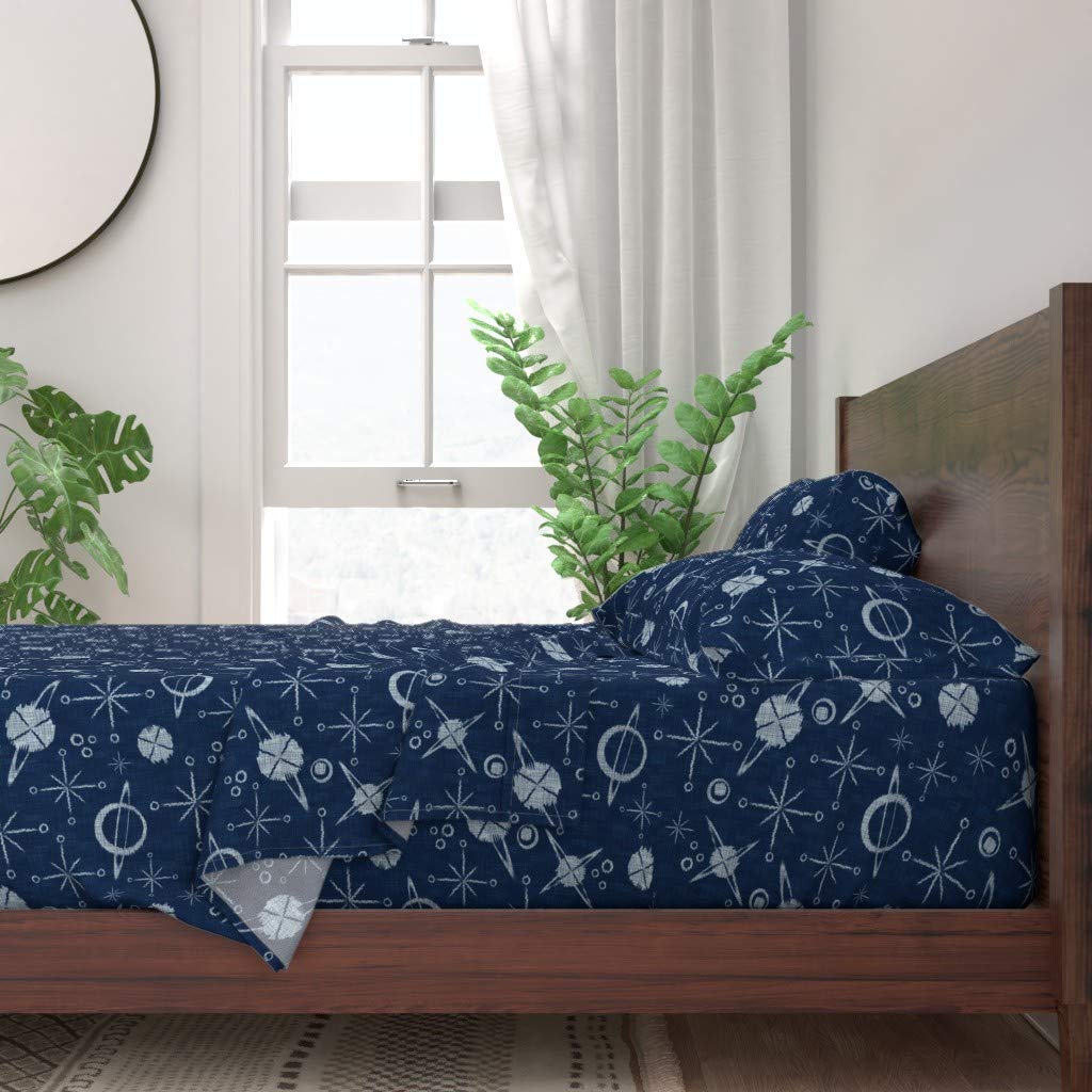 Celestial Shibori Planets Stars 100% Cotton Twin Sheet Set - Boho Retro Rustic Space Astrological Indigo Night Sky Bohemian Print Bedding for Cozy Bedroom Decor & Boho Chic Home Styling