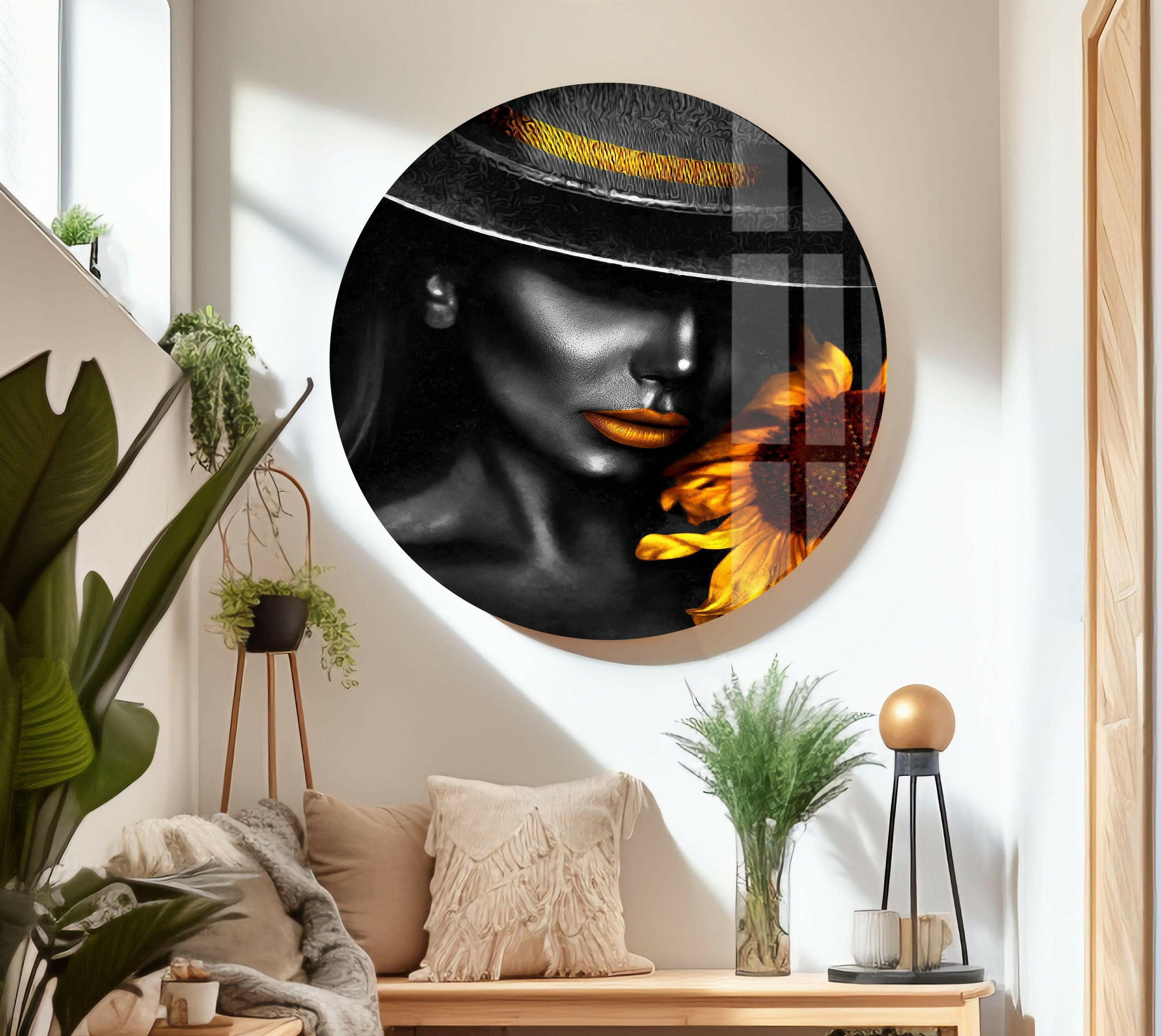 Black Woman and Sunflower Glass Wall Art - Elegant Home Decor for Living Room, Bedroom & Office - Perfect Gift for Housewarming, Birthday & Mother's Day