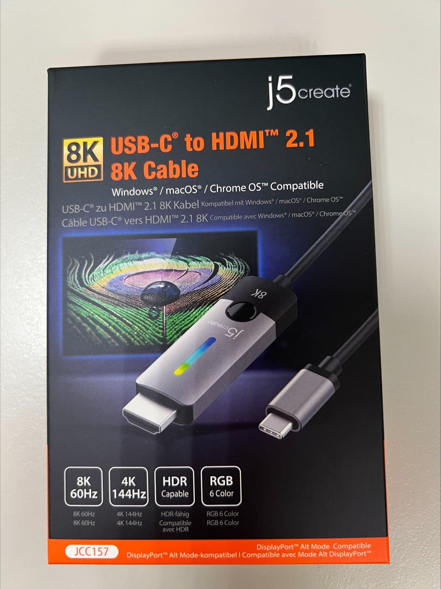J5Create USB Type C to HDMI Cable 8K@60Hz 4K@120Hz - 5.9FT/1.8m with RGB LED Light - Compatible with MacBook Pro/Air, iPad Pro, Samsung Galaxy, Surface Pro, Dell, HP (JCC157) - Perfect for Home Office, Gaming & 4K/8K Video Streaming
