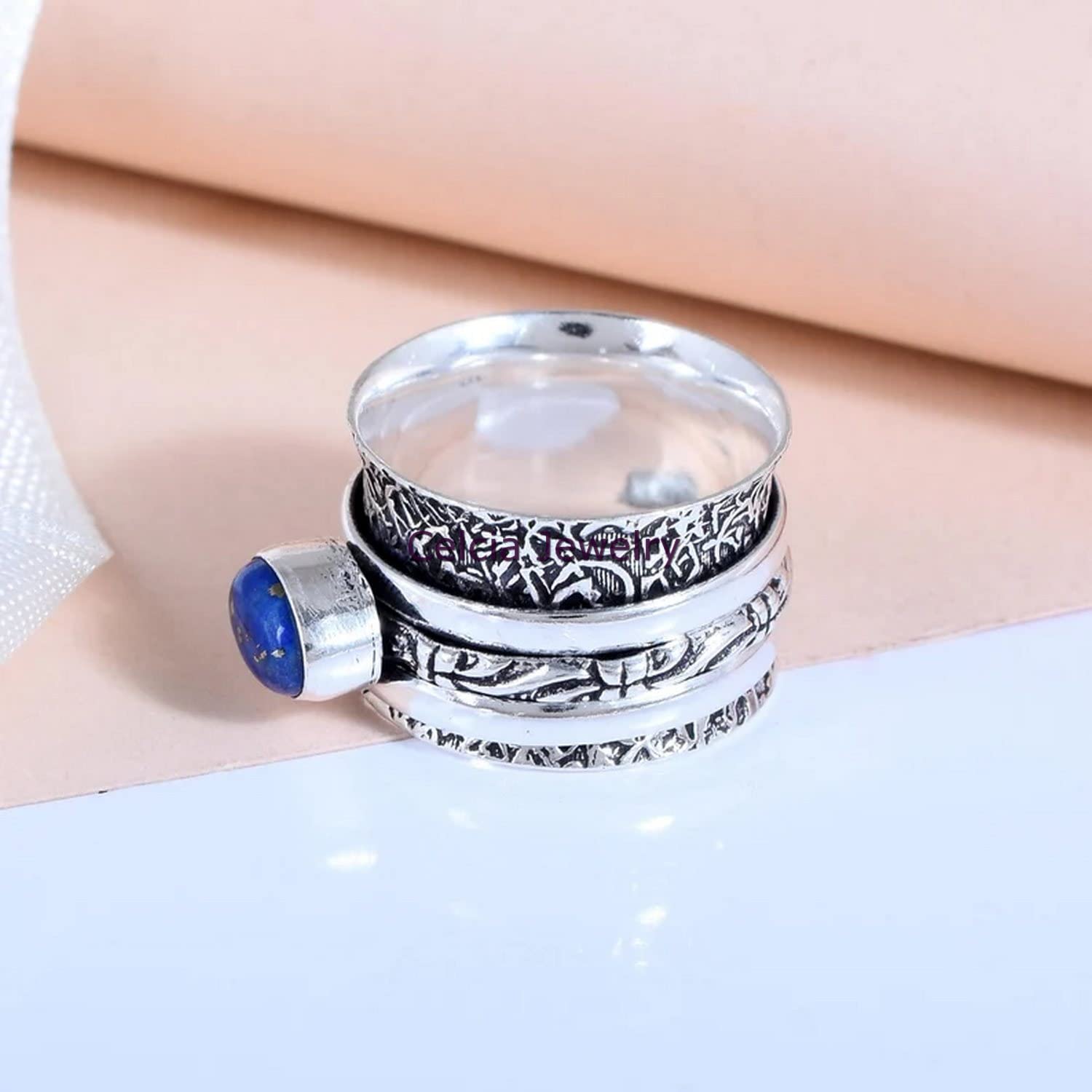 Natural Lapis Lazuli Blue Gemstone Oval Ring - Anxiety Relief Worry Fidget Ring for Stress & Meditation | Unique Silver Oxidized Promise Ring | US Size 7 | Perfect for Daily Wear, Gift Giving & Spiritual Healing