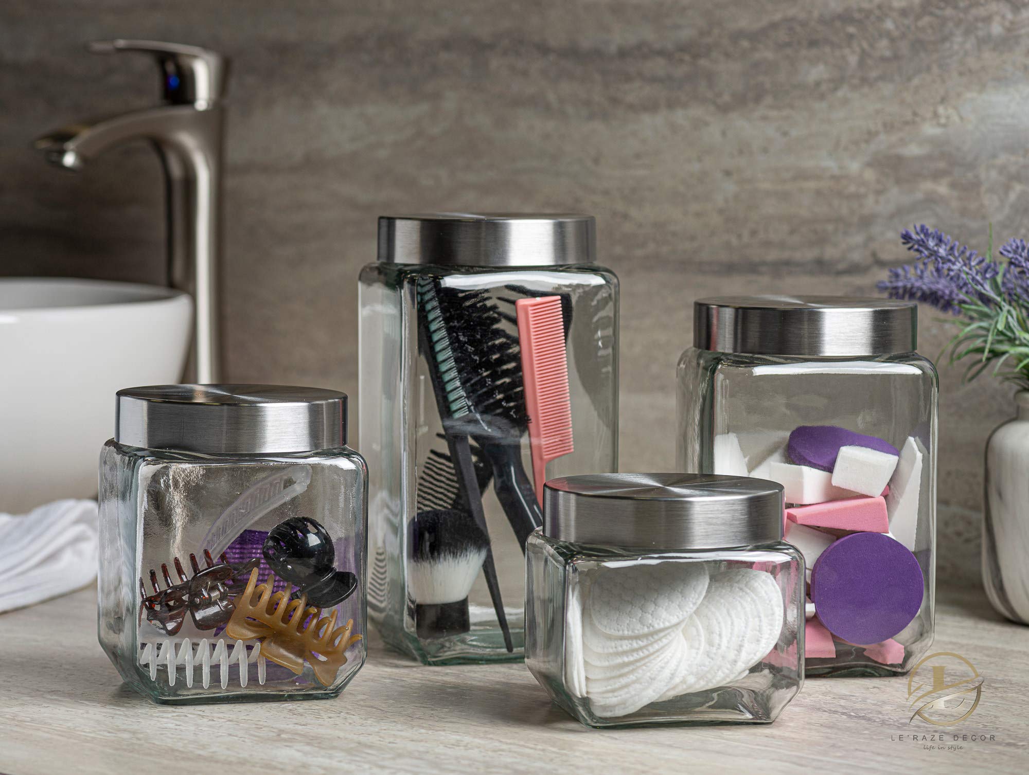 4-Piece Square Glass Cookie Jars with Airtight Lids - Includes Marker & Labels - Kitchen & Pantry Storage Containers for Flour, Sugar, Coffee, Cookies - Perfect for Countertop Organization & Bulk Food Storage - Ideal for Home Baking, Coffee Stations & Bathroom Storage