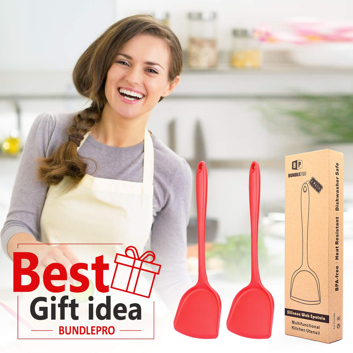 2-Pack Silicone Wok Spatula Set - Non-Stick, Heat Resistant Cooking Utensils (450°F) - Dishwasher Safe & Easy Clean - Perfect for Stir-Fry, Sauteing, Pancakes & Baking - Red Kitchen Tools for Professional & Home Chefs