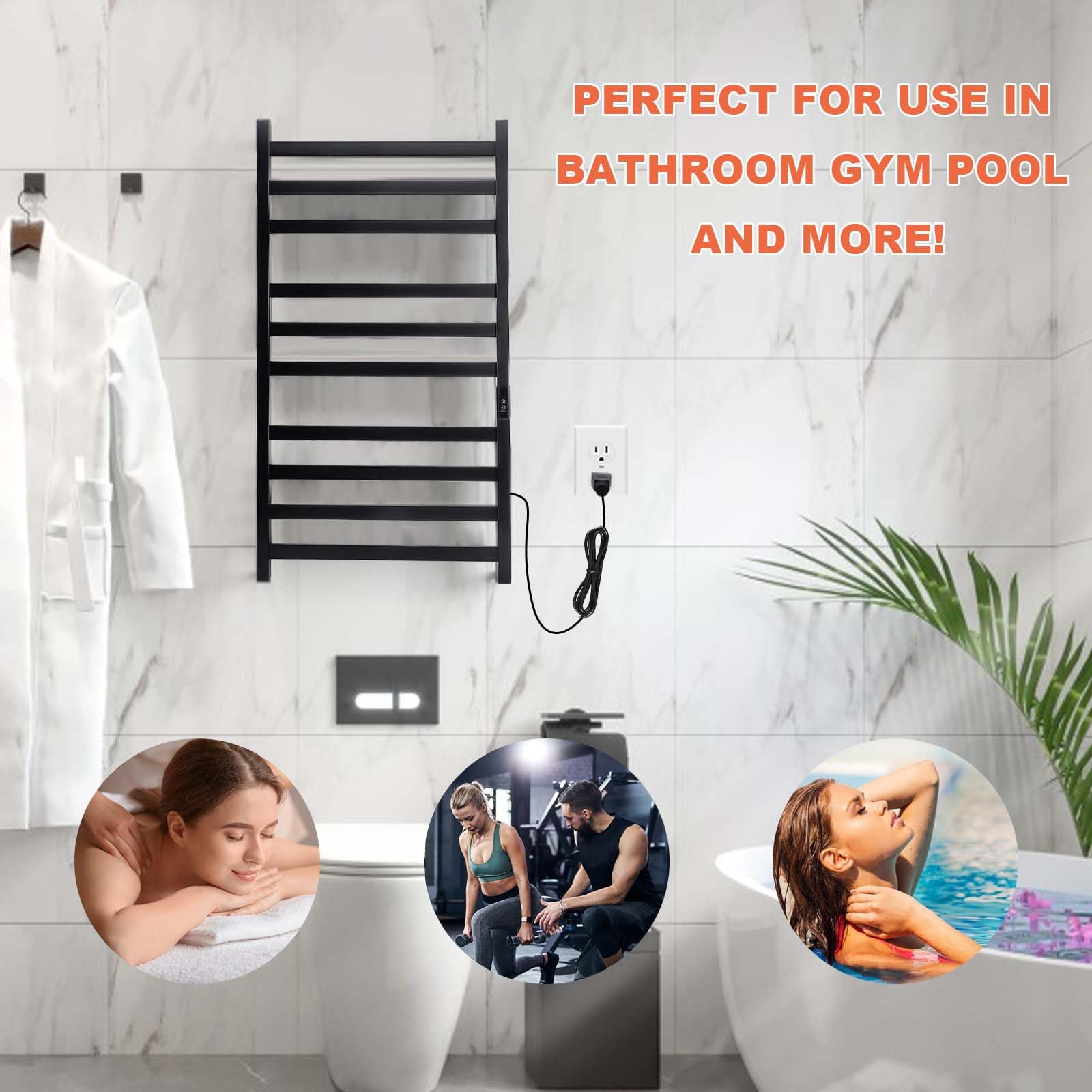 Heated Towel Rack Electric - 10 Bar Wall Mounted Bathroom Towel Warmer, Matte Black, Plug-in - Perfect for Spa, Luxury Hotels & Cozy Home Bathrooms