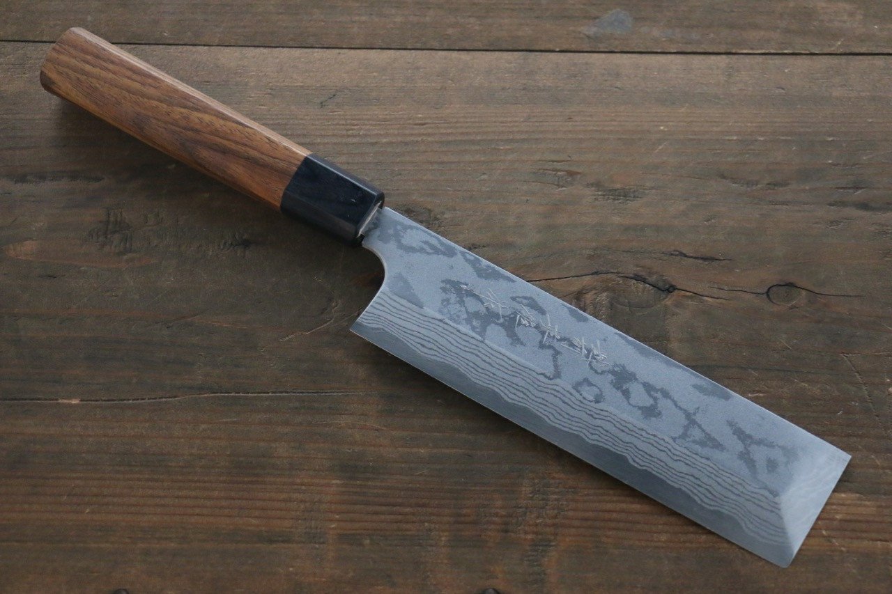 Premium Hideo Kitaoka Blue Steel No.2 Damascus Kakugata Usuba 165mm Japanese Chef Knife with Shitan Handle - Perfect for Sushi, Vegetables & Precision Cutting