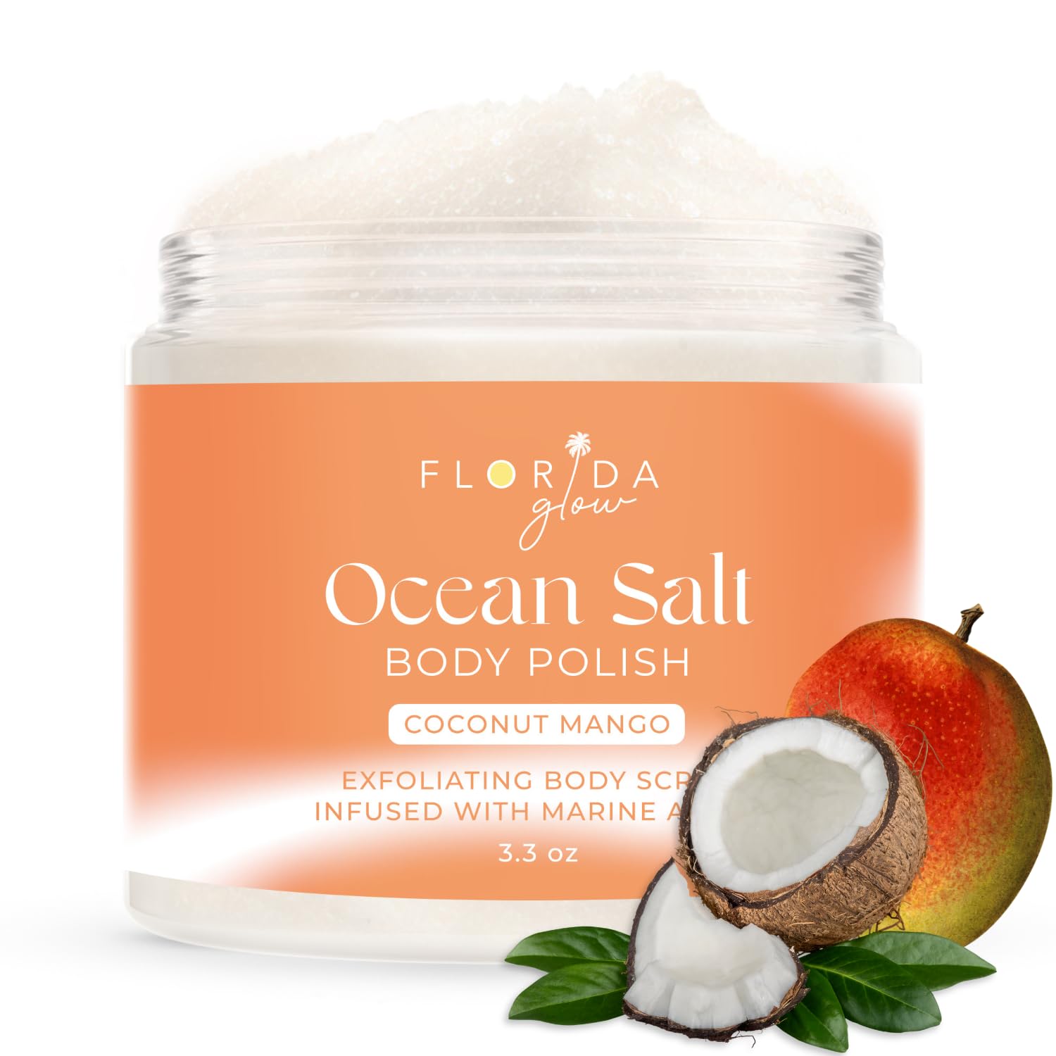 Florida Suncare Sea Salt Body Scrub with Marine Algae - Exfoliating Face & Body Polish for Acne & Scar Treatment - Coconut Mango Scented (3.3 oz) - Perfect for Spa Day, Post-Workout Refresh & Dry Skin Care