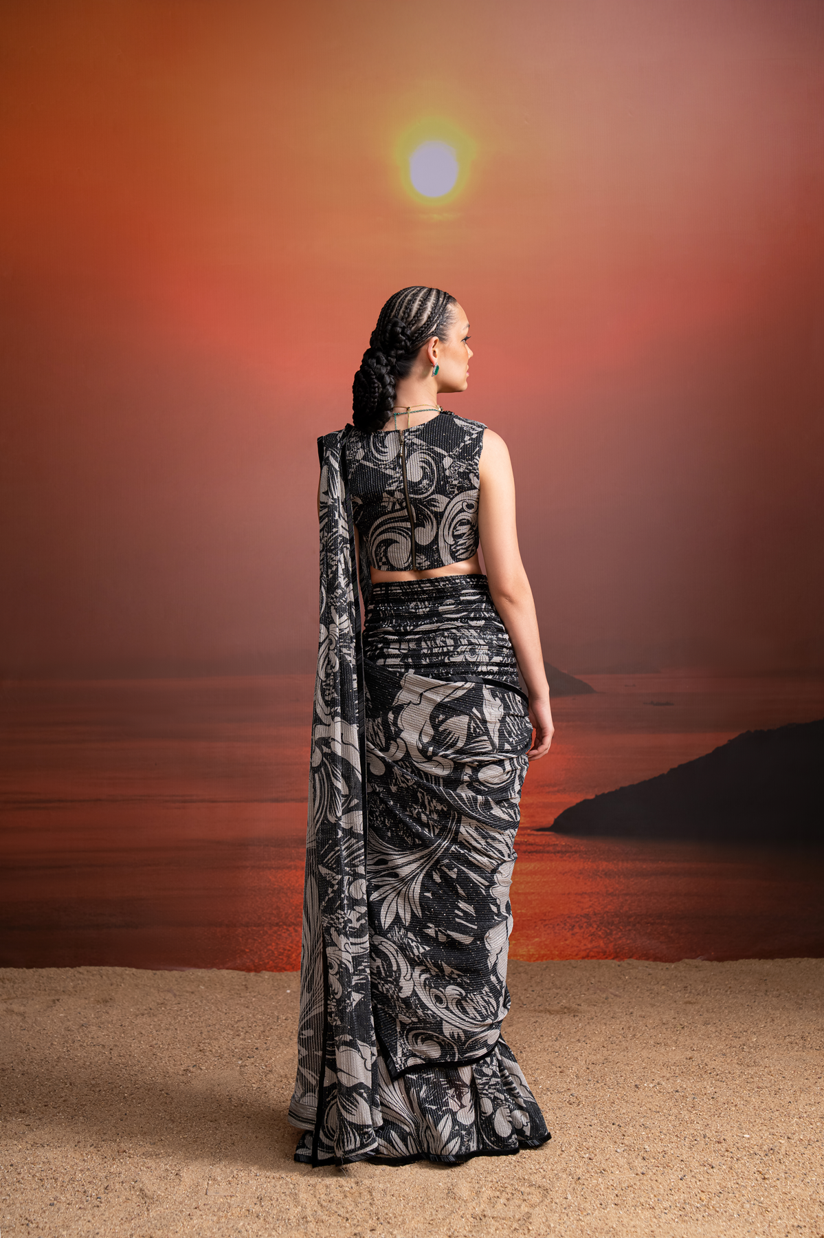 NOIR PRINTED EMBELLISHED DRAPED SAREE WITH BEADED HAND EMBROIDERED BLOUSE | Elegant Indian Traditional Outfit for Weddings, Parties & Festive Occasions