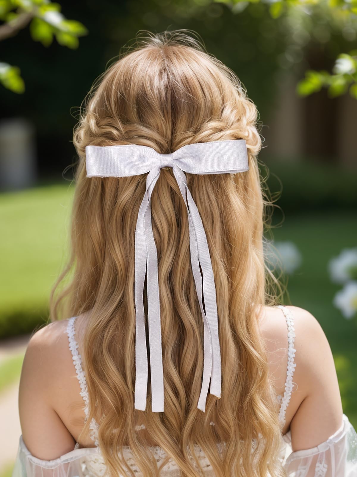 4pcs Women's Hair Clips - Elegant Tassel Ribbon Bowknot Barrettes with Long Tail, Solid Claw Hair Clips for Long Hair (White & Light Blue) | Perfect for Weddings, Parties and Daily Styling