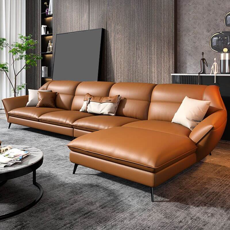 Mid Century Modern Sectional Sofa - Genuine Leather Cushion Back Sofa with Sloped Arms for Living Room, Lounge & Home Theater