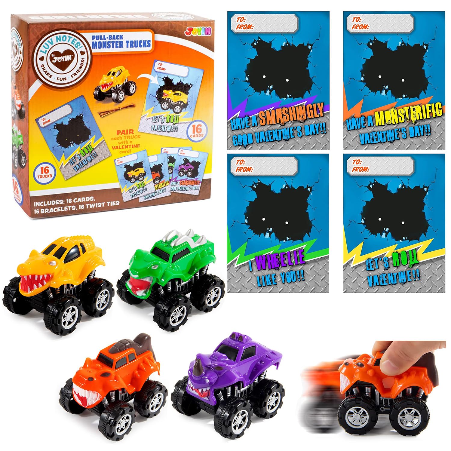 JOYIN 16 Pack Pull Back Monster Truck Toys for Kids - Valentine's Day Party Favors, Classroom Prizes & Gifts for Boys | Mini Toy Trucks for Birthday Parties, School Rewards & Holiday Celebrations