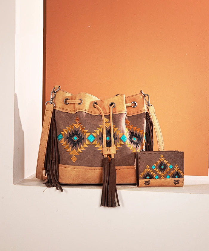Montana West Aztec Fringe Bucket Bag Set for Women - Stylish Leather Crossbody Purse with Adjustable Strap, Perfect for Travel, Shopping & Everyday Use