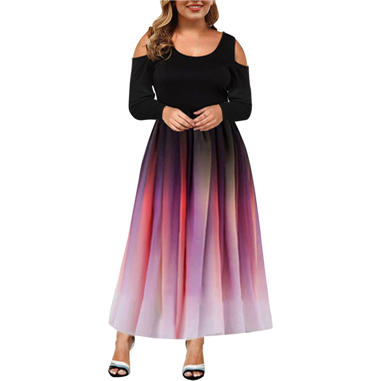 Elegant Plus Size Off Shoulder Cocktail Dress for Wedding Guest - Sexy Strapless Long Sleeve Gradient Maxi Dress for Fall Formal Events | Perfect for Evening Parties, Bridal Showers & Special Occasions