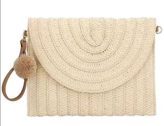 Hand-Woven Straw Shoulder Bag for Women - Boho Crossbody Clutch with Pompom Detail - Summer Beach Purse & Wallet (Color A) | Perfect for Vacation, Pool Parties, and Outdoor Events