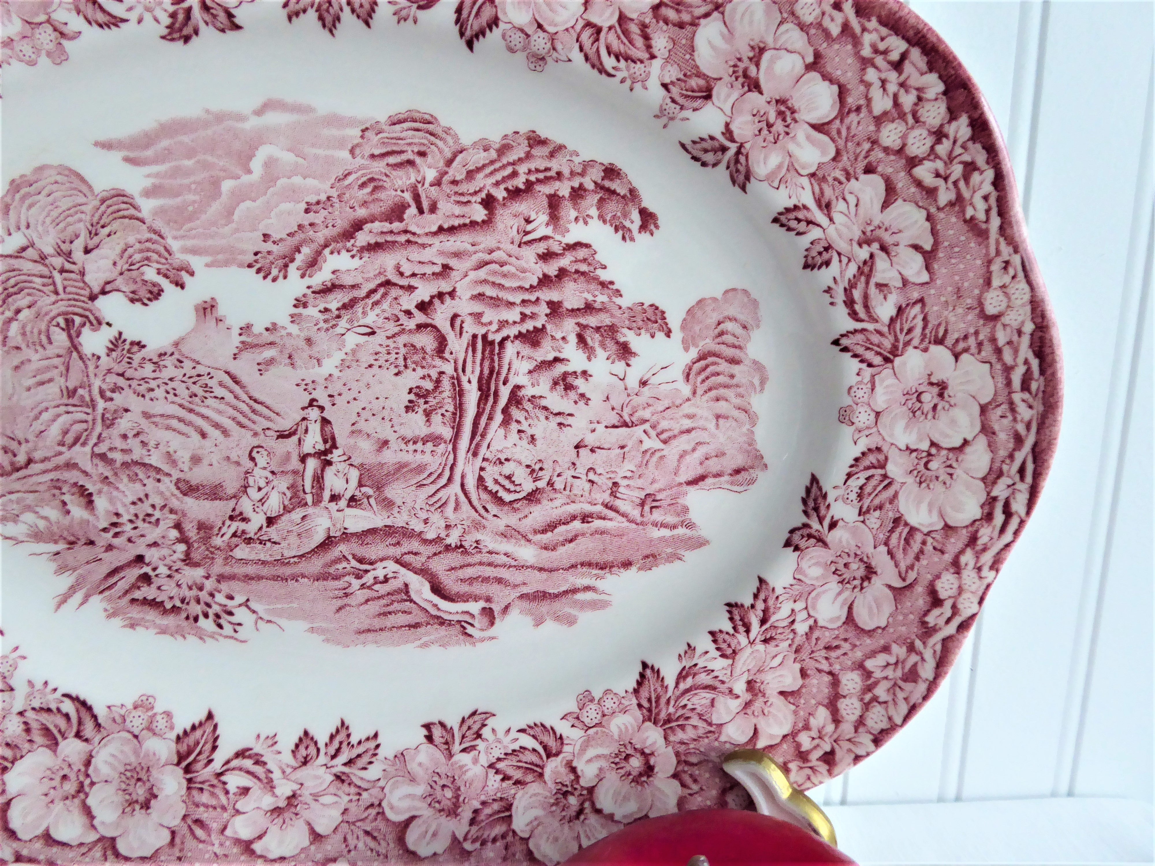 Vintage Wedgwood Ironstone Platter - Woodland Pink & Red Transferware Oval Dish, E Pattern, 1960s | Perfect for Farmhouse Dining, Tea Parties & Antique Collectors