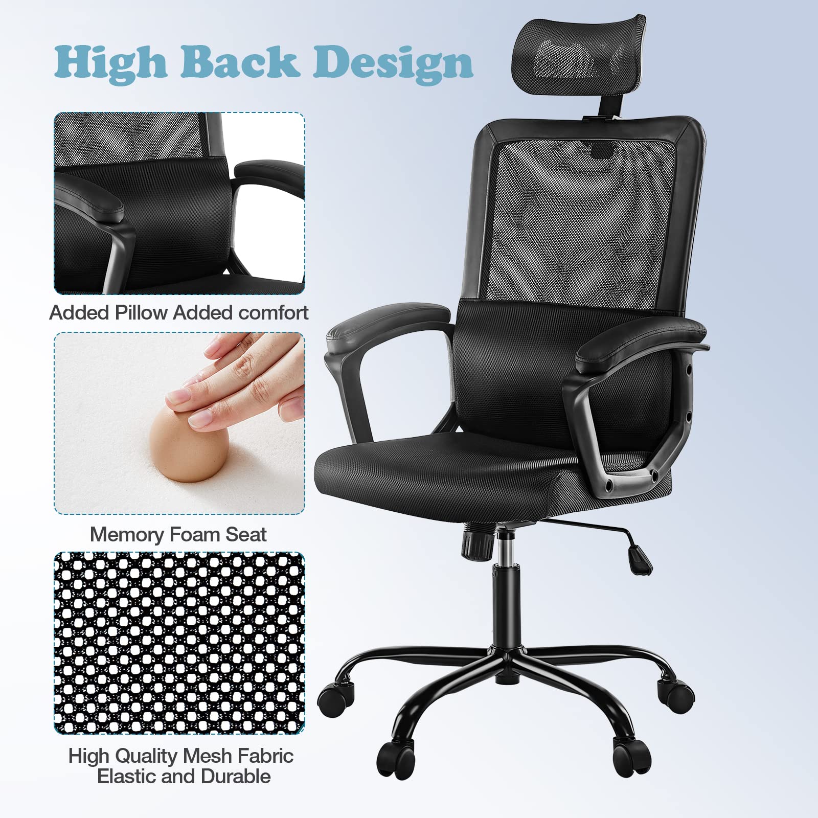 Ergonomic Office Chair - High Back Breathable Mesh Desk Chair with Adjustable Headrest & Lumbar Support | Rolling Swivel Computer Task Chair for Home Office | 3D Adjustable Armrests | Perfect for Long Work Hours, Gaming & Remote Work
