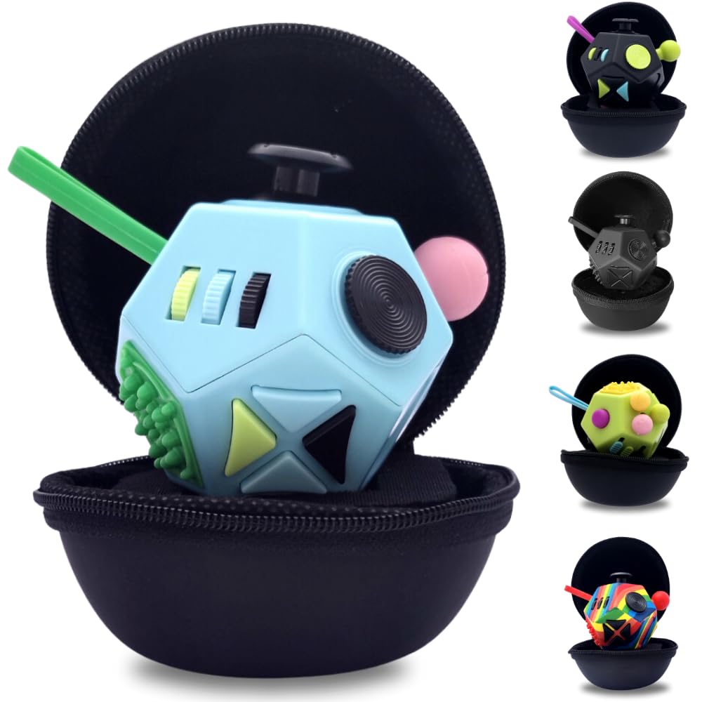 PILPOC theFube 12-Side Fidget Cube - Stress Relief & Focus Toy for Kids & Adults with ADHD - Anti-Anxiety Sensory Fidget Dice with Carry Case (Light Blue & Mix) - Perfect for Office, School & Travel Stress Relief