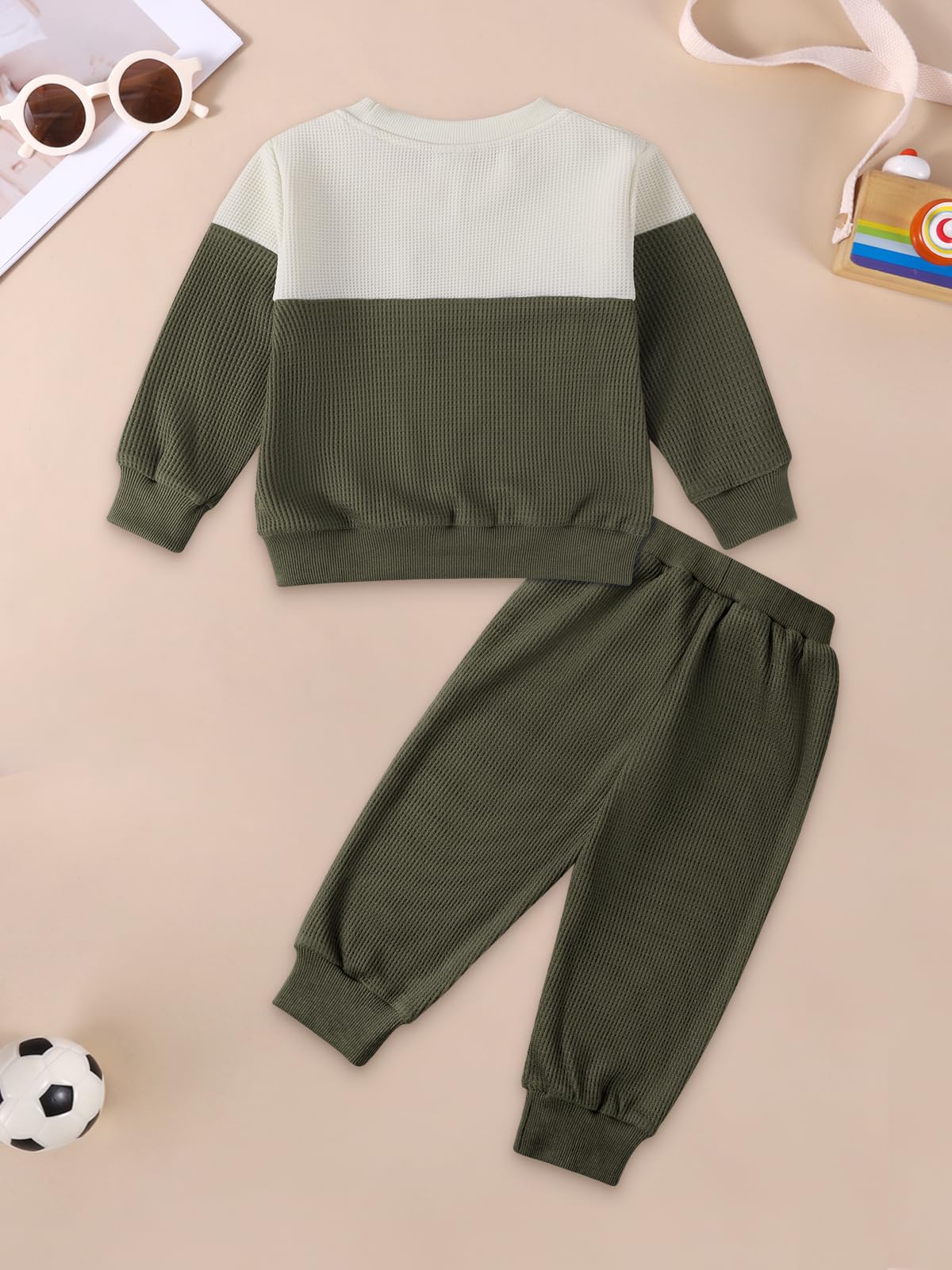 Toddler Baby Boy Fall Winter Clothes Set - Little Dude Print Embroidered Long Sleeve Sweatshirt & Pants Waffle Knit Outfit | Cozy Playtime & Outdoor Adventures