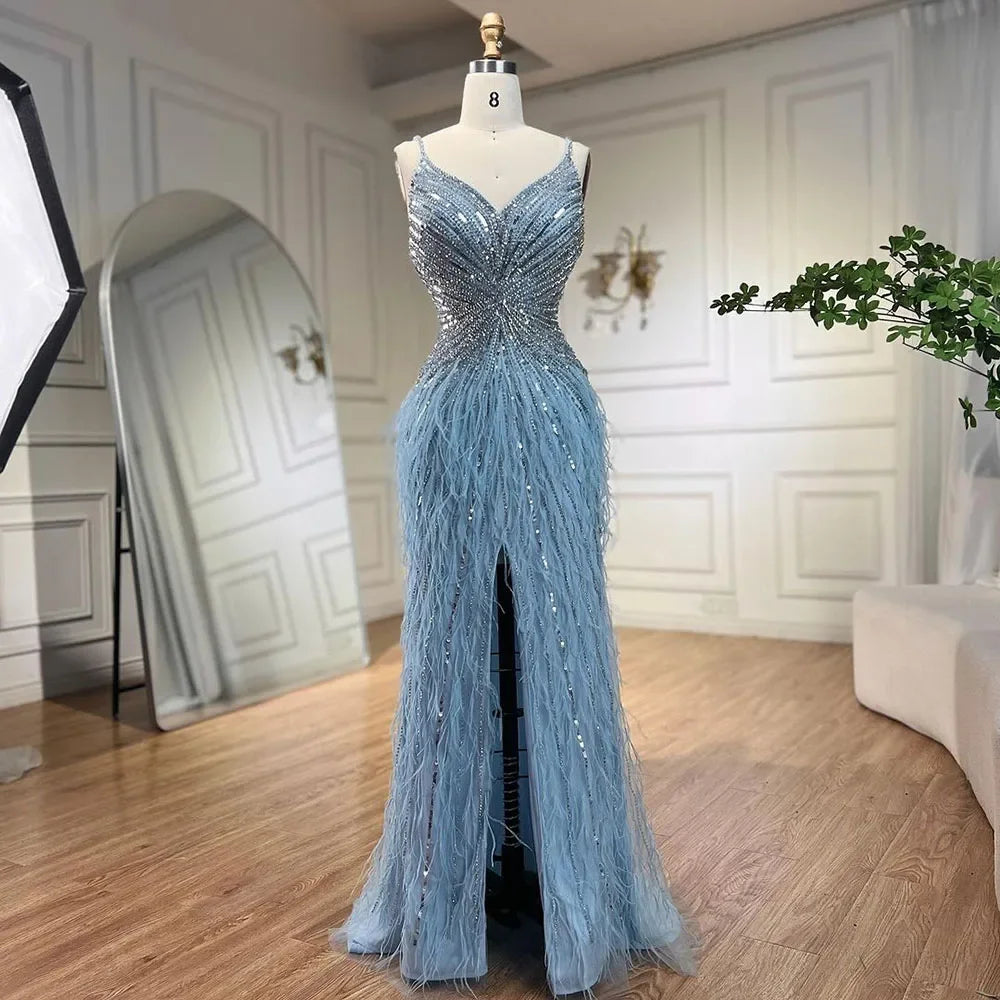 Elegant Arabic Black Feather Beaded Mermaid Evening Gown with High Slit - LA70623 | Formal Dress for Prom, Gala & Special Occasions