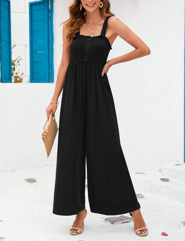 KOJOOIN Women's Maternity Sleeveless Smocked Jumpsuit - Square Neck Spaghetti Strap Wide Leg Romper with Pockets | Comfortable Pregnancy Outfit for Summer, Casual Wear & Photoshoots