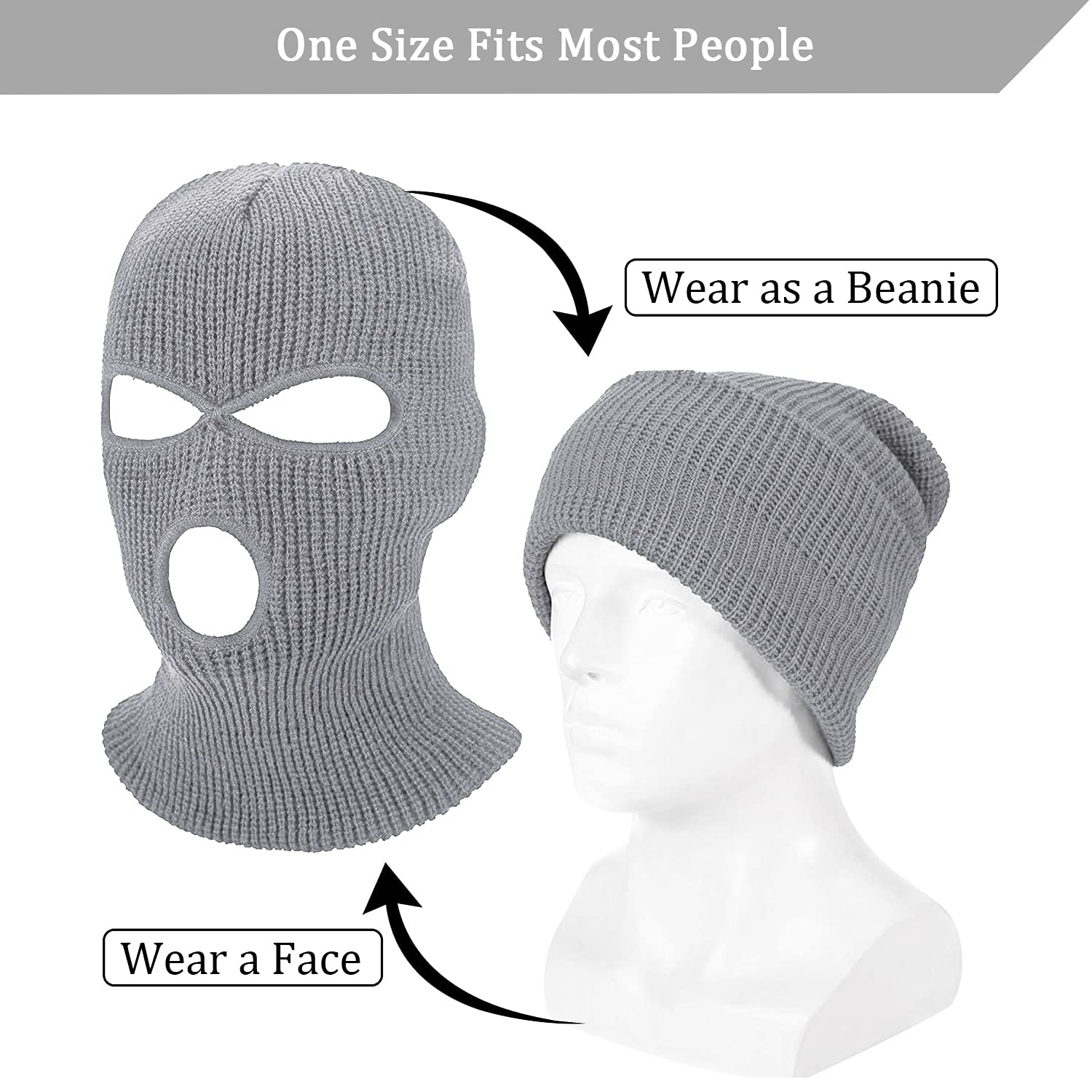 2 Pack 3-Hole Knitted Full Face Cover Ski Mask - Winter Balaclava for Men & Women - Warm Face Mask for Skiing, Snowboarding, Motorcycling & Outdoor Sports in Cold Weather