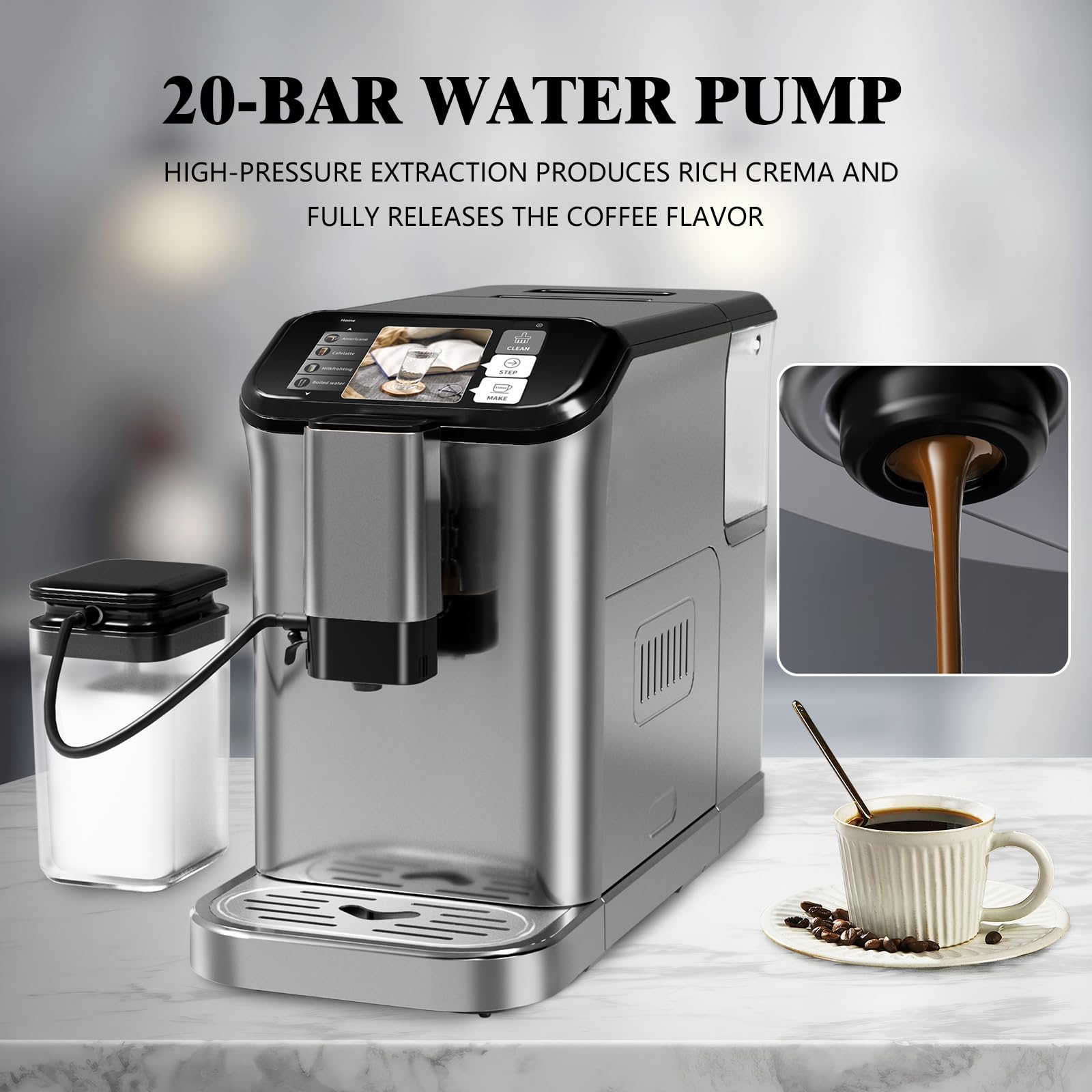 20 Bar Super Automatic Espresso Machine with Stainless Steel Conical Burr Grinder - Professional Touch Screen Coffee Maker for Latte, Cappuccino & Espresso at Home | Perfect for Coffee Lovers & Home Baristas (Grey)