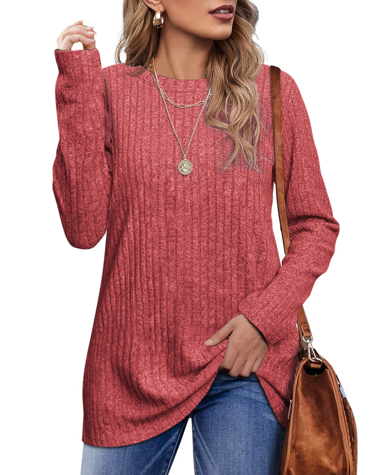 OFEEFAN Women's Lightweight Long Sleeve Crew Neck Tunic Tops - Comfortable Casual Blouse for Work, Travel & Everyday Wear