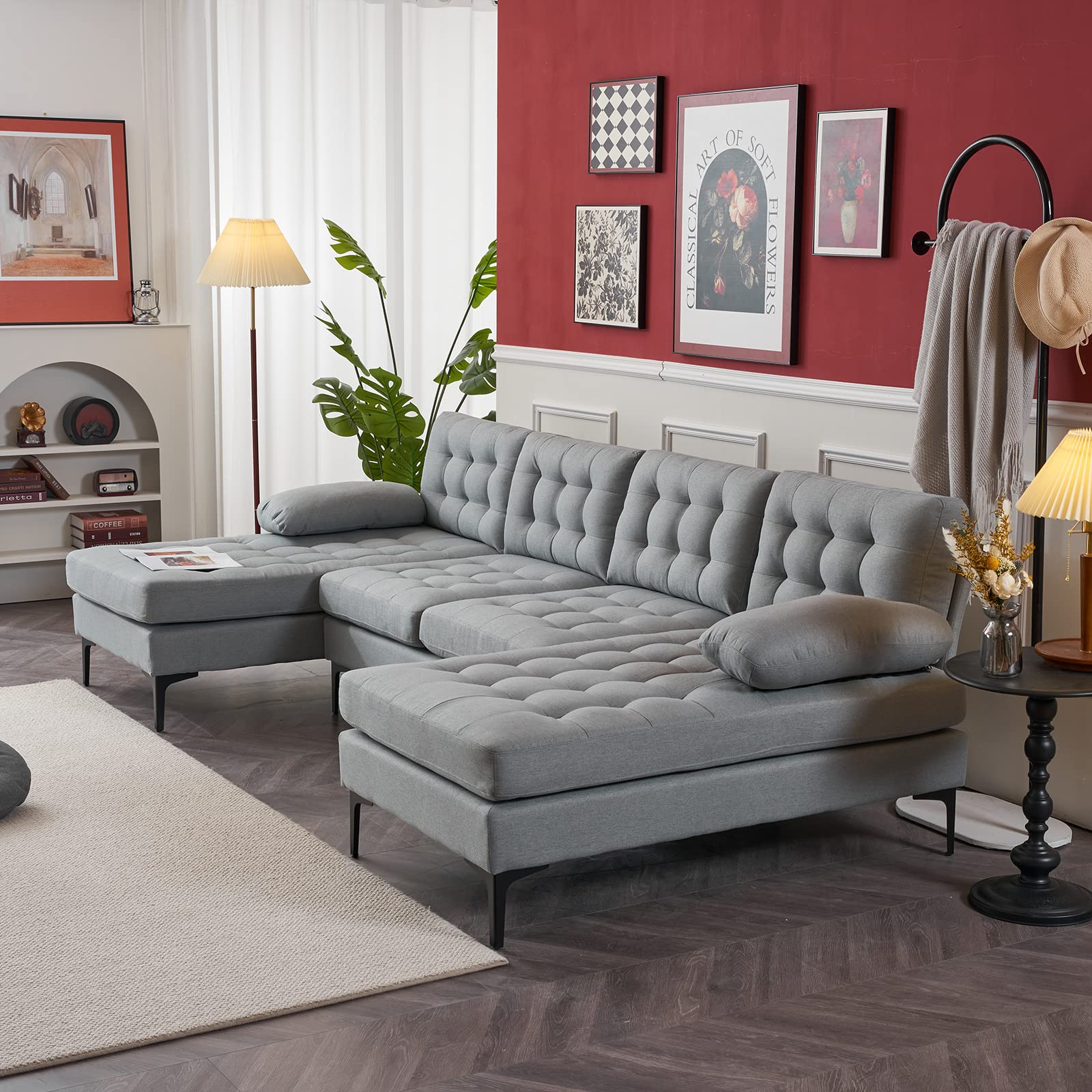 Pvillez Modern U-Shape Sectional Sofa with Double Chaise Lounge - Oversized Convertible Couch with Rolled Arms & Golden Legs for Living Room, Office | Perfect for Family Gatherings, Movie Nights & Home Entertainment