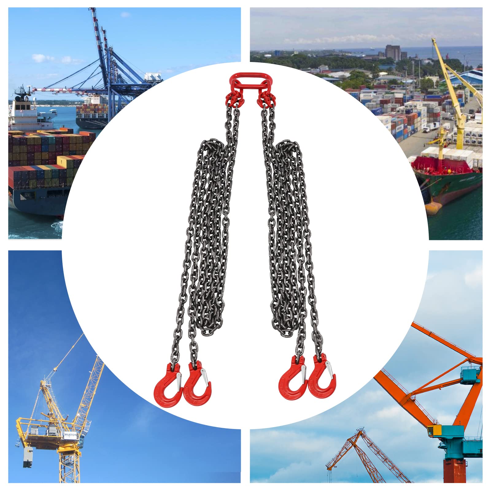 5/16 Inch x 13 FT G80 Lifting Chain Sling with 4 Leg Grab Hooks - 11,000LBS/5T Capacity for Engine Hoist, Industrial Machinery, Construction & Automotive Repair - Heavy Duty Load Bearing Equipment for Workshop, Garage & Job Site