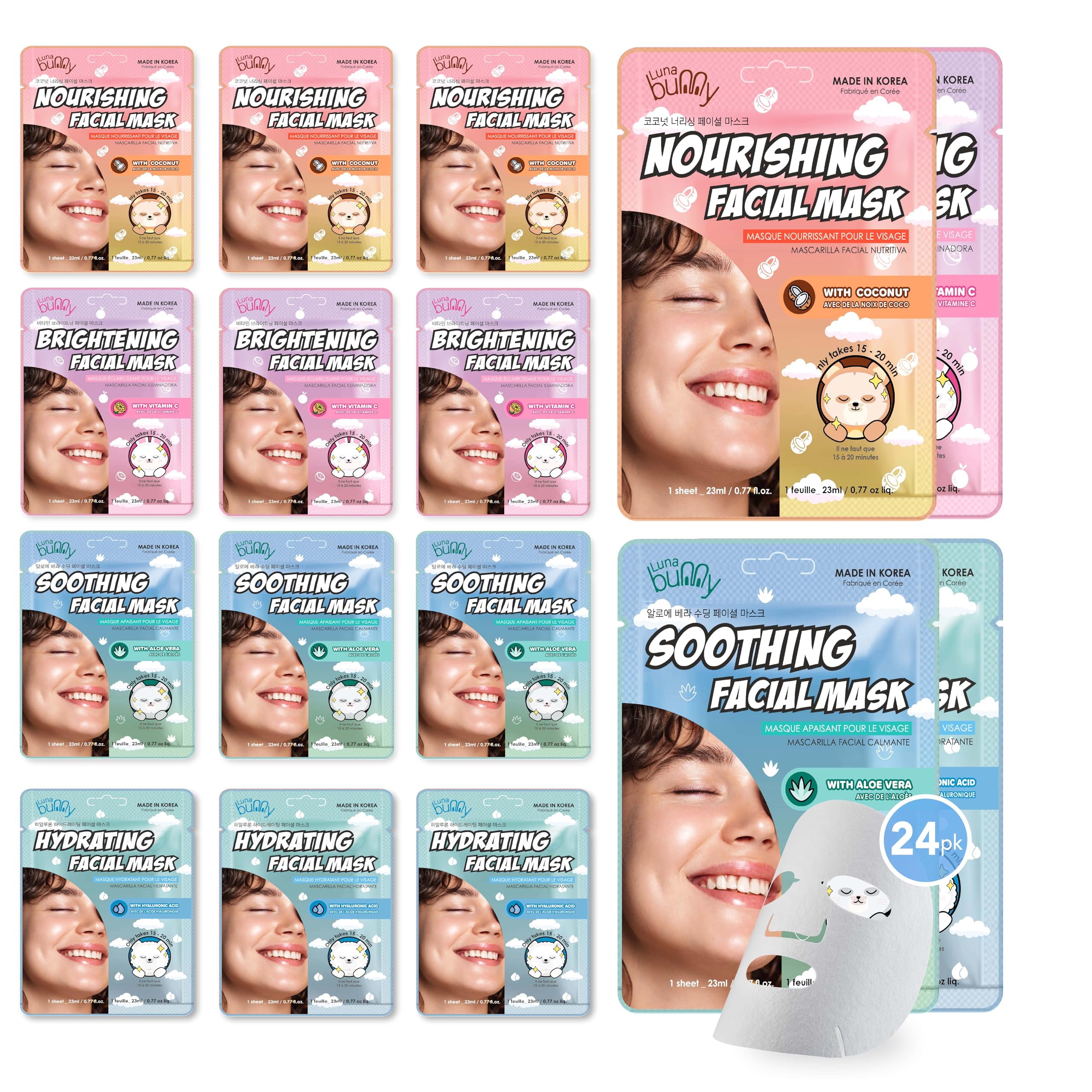 Luna Bunny 24PK Brightening & Hydrating Korean Facial Sheet Mask Set - Aloe, Coconut, Vitamin & Hyaluronic Acid for Glowing Skin | Perfect for Self Care, Home Spa & Daily Skincare Routine