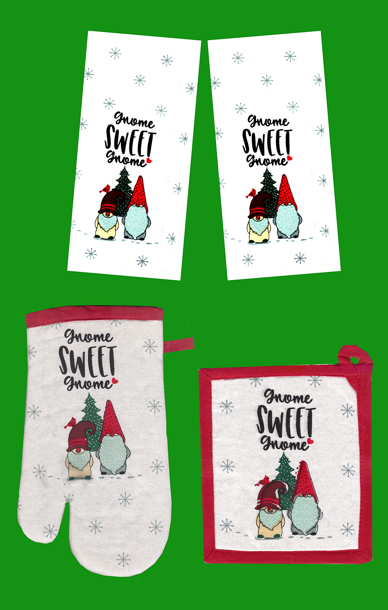 Christmas Gnome Kitchen Set - 2 Matching Towels, Oven Mitt & Potholder (4-Piece) | Holiday Home Decor & Festive Cooking Accessories for Baking, Hosting & Gift Giving