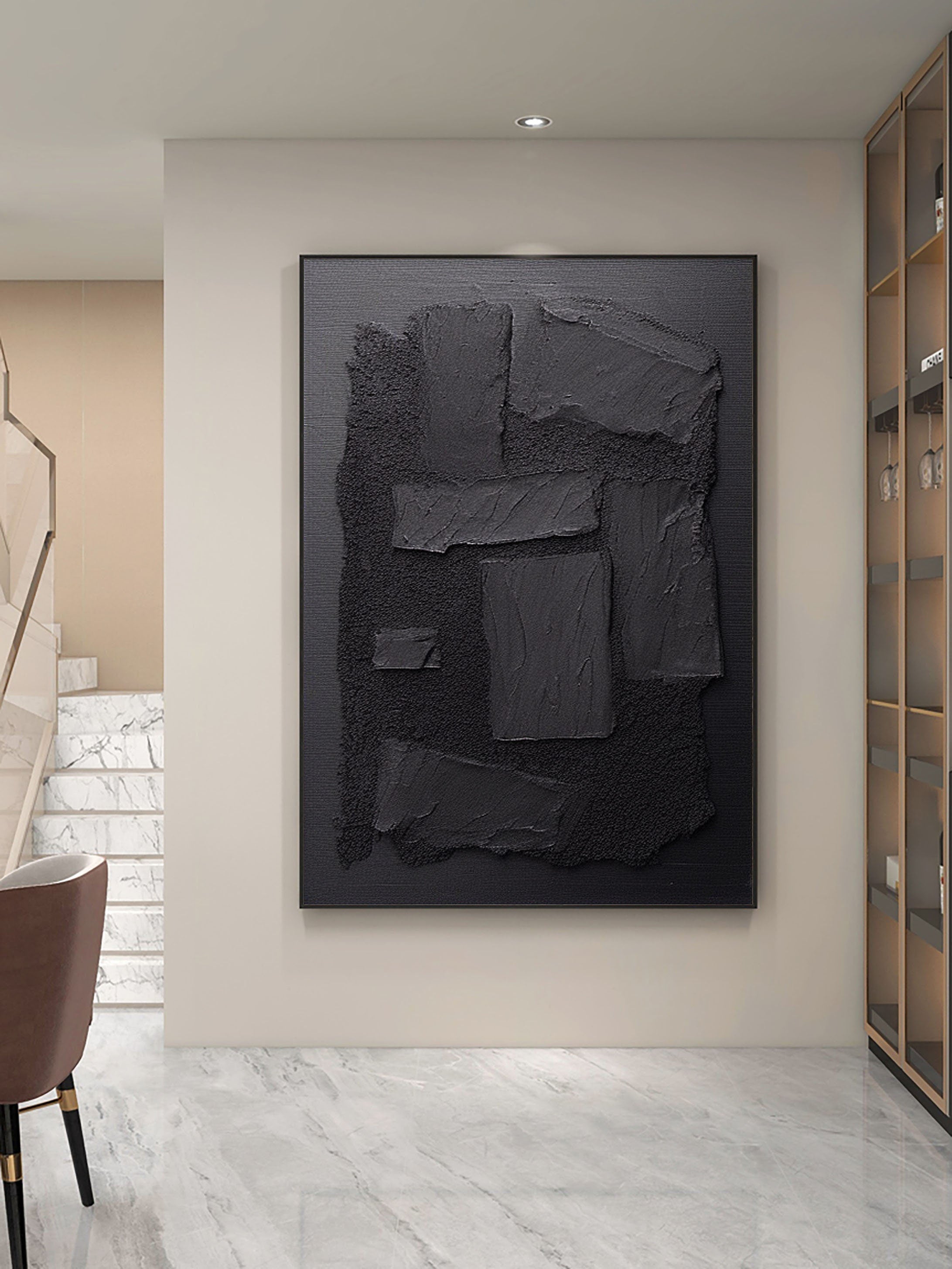 Black Plaster Art Minimalist Textured Painting - Modern Abstract Wall Decor for Living Room, Bedroom & Office | Contemporary Home Decor | #MZ033