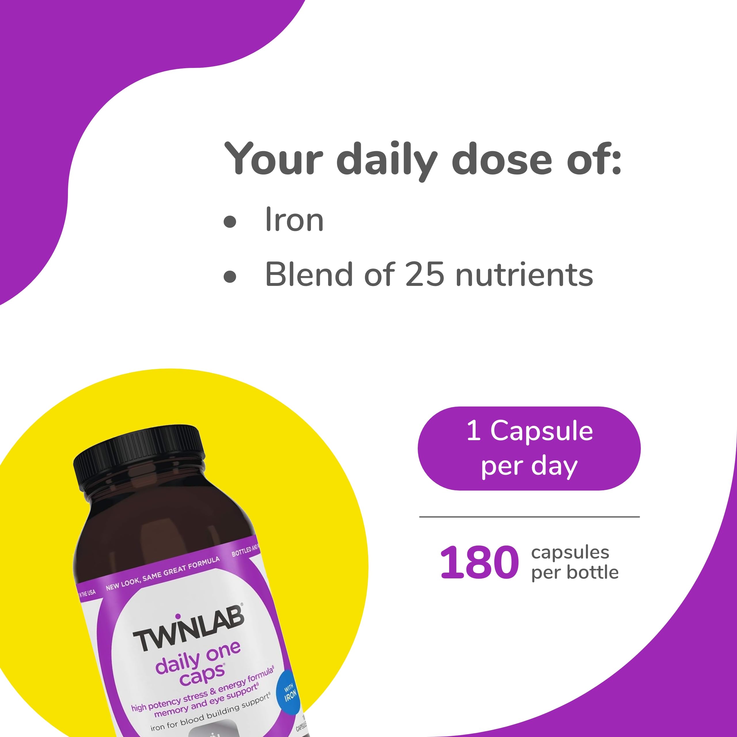 Twinlab Daily One Caps with Iron - Multivitamin Supplement with Iron, Zinc, B Vitamins for Energy & Immunity - 180 Capsules - Supports Daily Wellness for Active Adults & Seniors