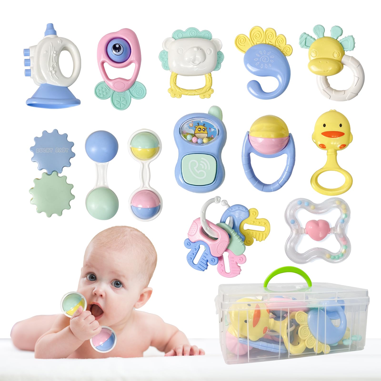 13PCS Baby Rattles & Teething Toys for 0-12 Months - Soft Infant Developmental Toys with Storage Case - Perfect Newborn Christmas Gift for Boys & Girls - Ideal for Playtime, Sensory Development & Soothing Teething Pain