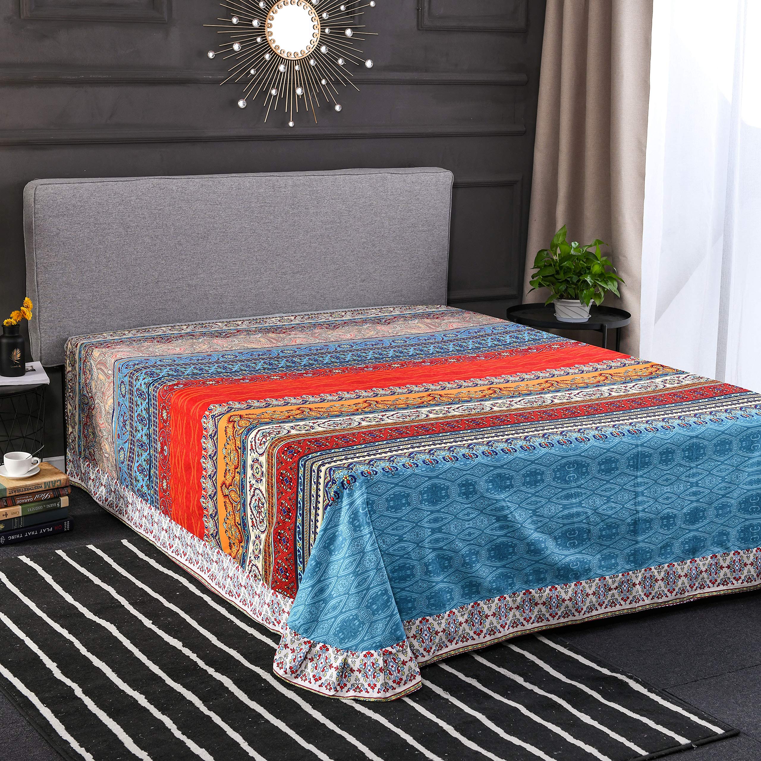 Bohemian Exotic Striped Queen Size Flat Sheet - Soft Brushed Cotton Boho Bedding for Cozy Bedroom Decor | Perfect for Guest Rooms, Dorms & Bohemian Style Homes