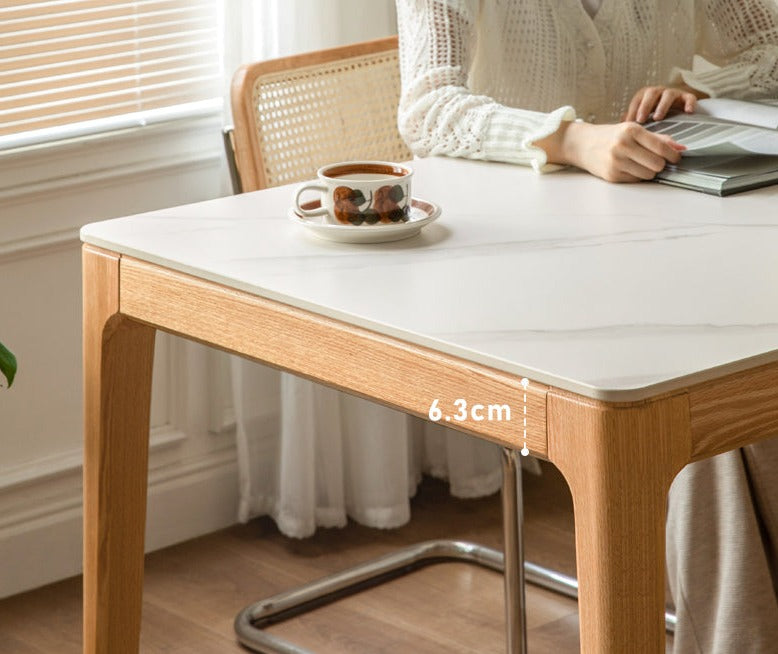 Solid Oak & Ash Wood Dining Table with Natural Rock Slab Surface - Rustic Farmhouse Style for Dining Room & Kitchen Decor