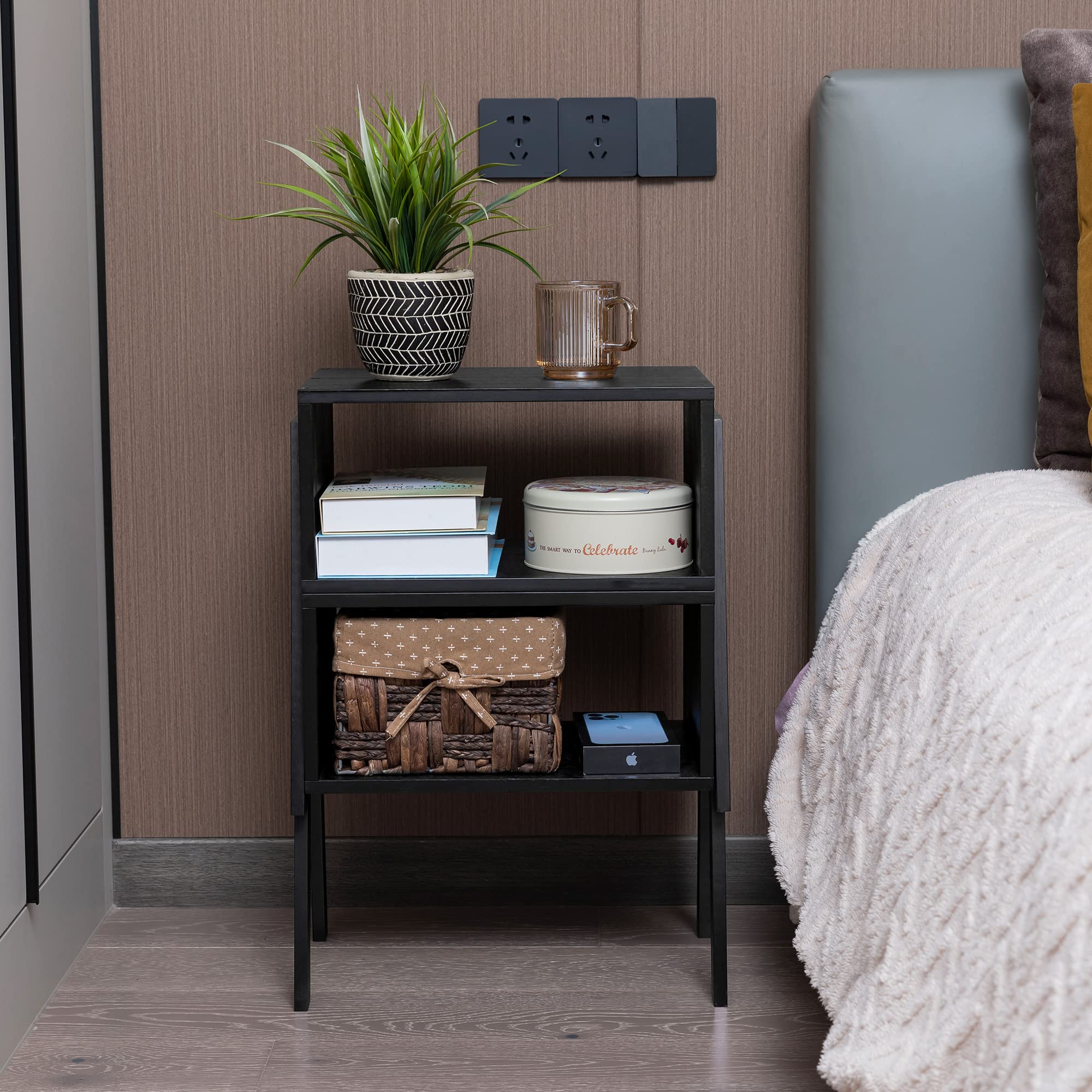 Forevich Stackable Bamboo End Tables - Set of 2 Black Nightstands for Bedroom, Living Room | Space-Saving Side Tables for Small Apartments, Dorm Rooms & Home Office
