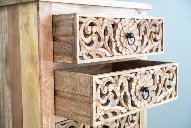 Hand Carved Indian Flower Dresser - Solid Wood Tallboy Chest with 6 Drawers | Vintage Boho Bedroom Furniture for Storage & Organization