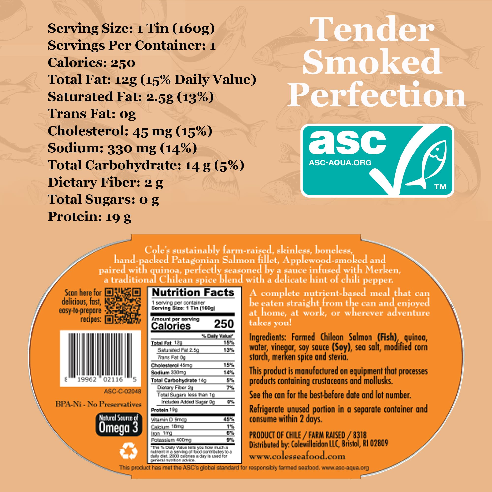 COLE’S - Patagonian Smoked Salmon Fillet with Quinoa | Ready-to-Eat Canned Fish Meal | 5.6 oz | High Protein (19g) & Vitamin D | 6-Pack | Perfect for Camping, Office Lunch & Quick Healthy Meals