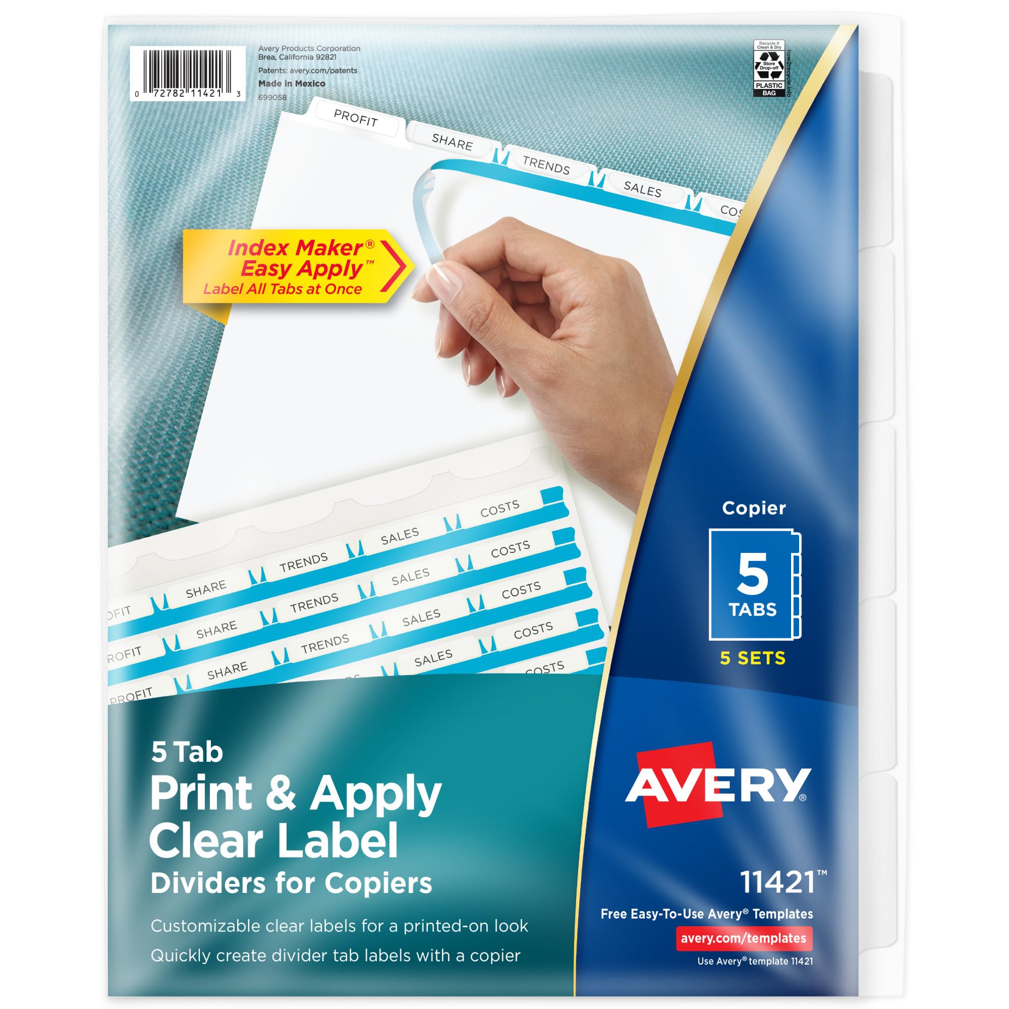 Avery 5-Tab Binder Dividers with Easy Peel Clear Labels - White Tabs for Copiers & Index Maker - 5 Sets (11421) - Perfect for Office Organization, School Projects & Document Filing