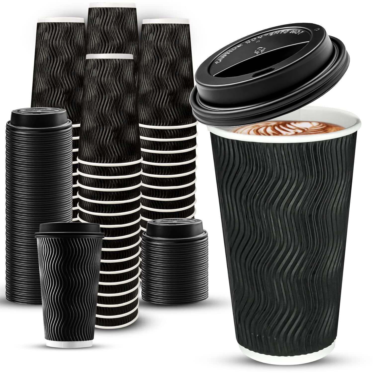 16 oz Disposable Coffee Cups 100 Pack - Insulated Paper Cups with Lids for Coffee, Tea & Hot Chocolate - Perfect for Coffee Shops & Takeout