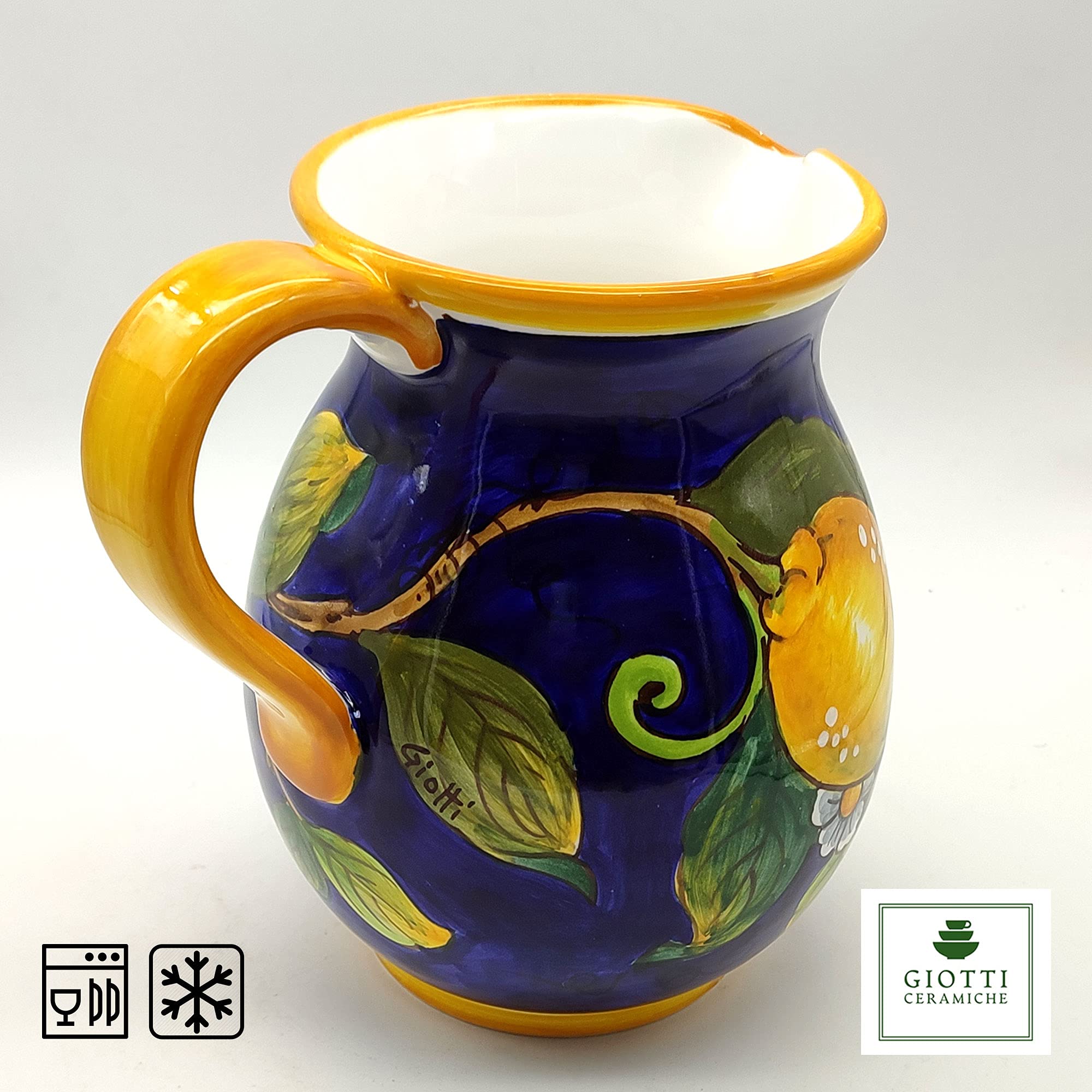 Italian Ceramic Pitcher 33oz - Hand Painted Lemon Blue Design Kitchen Carafe & Utensil Holder - Tuscan Pottery Wine Dispenser & Home Decor Vase - Perfect for Italian Kitchen Decor, Dining Table Centerpiece & Gift Idea