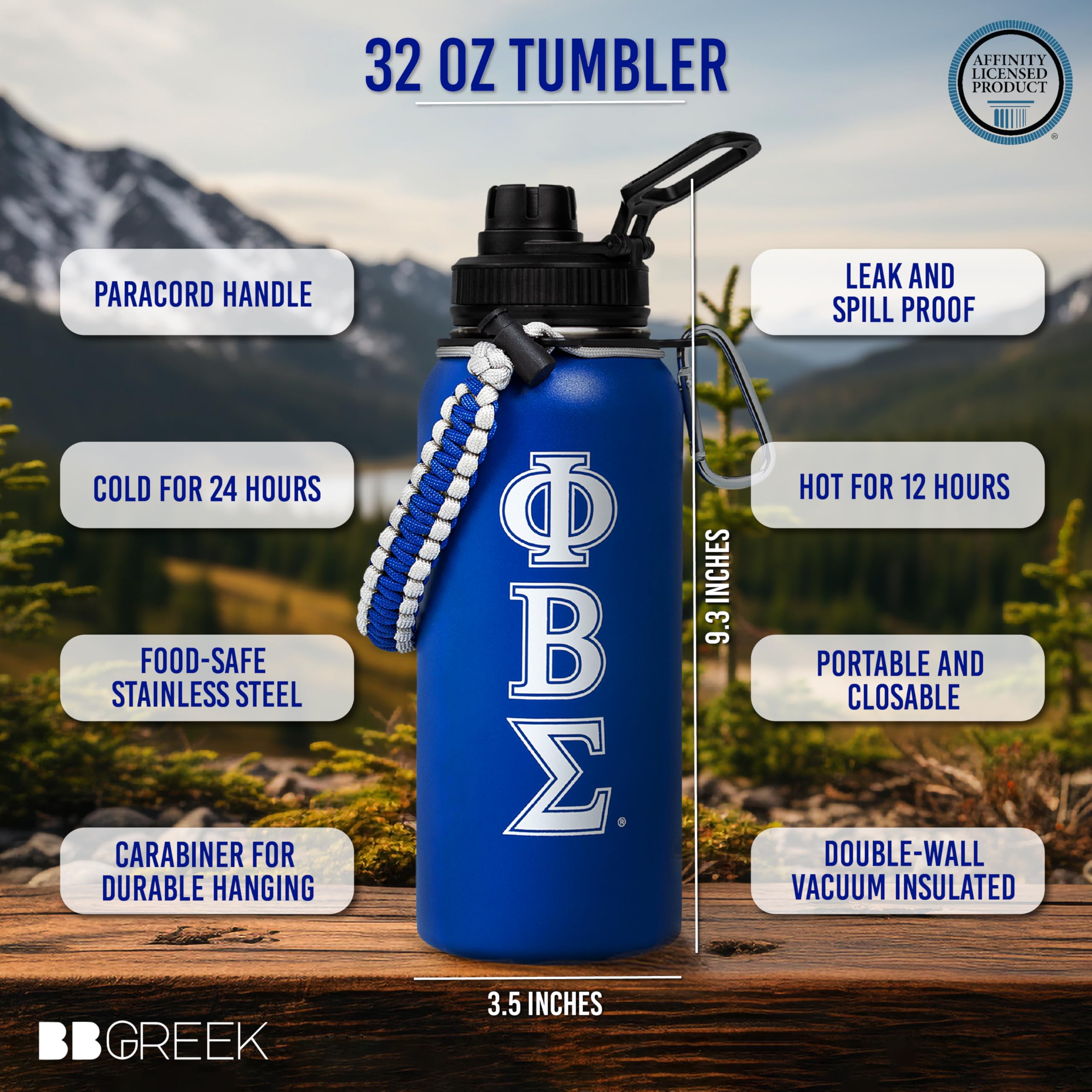 Official Phi Beta Sigma 32oz Insulated Tumbler with Paracord Handle & Carabiner Clip - Greek Letter Fraternity Stainless Steel Cup for College Students, Alumni Events & Outdoor Adventures