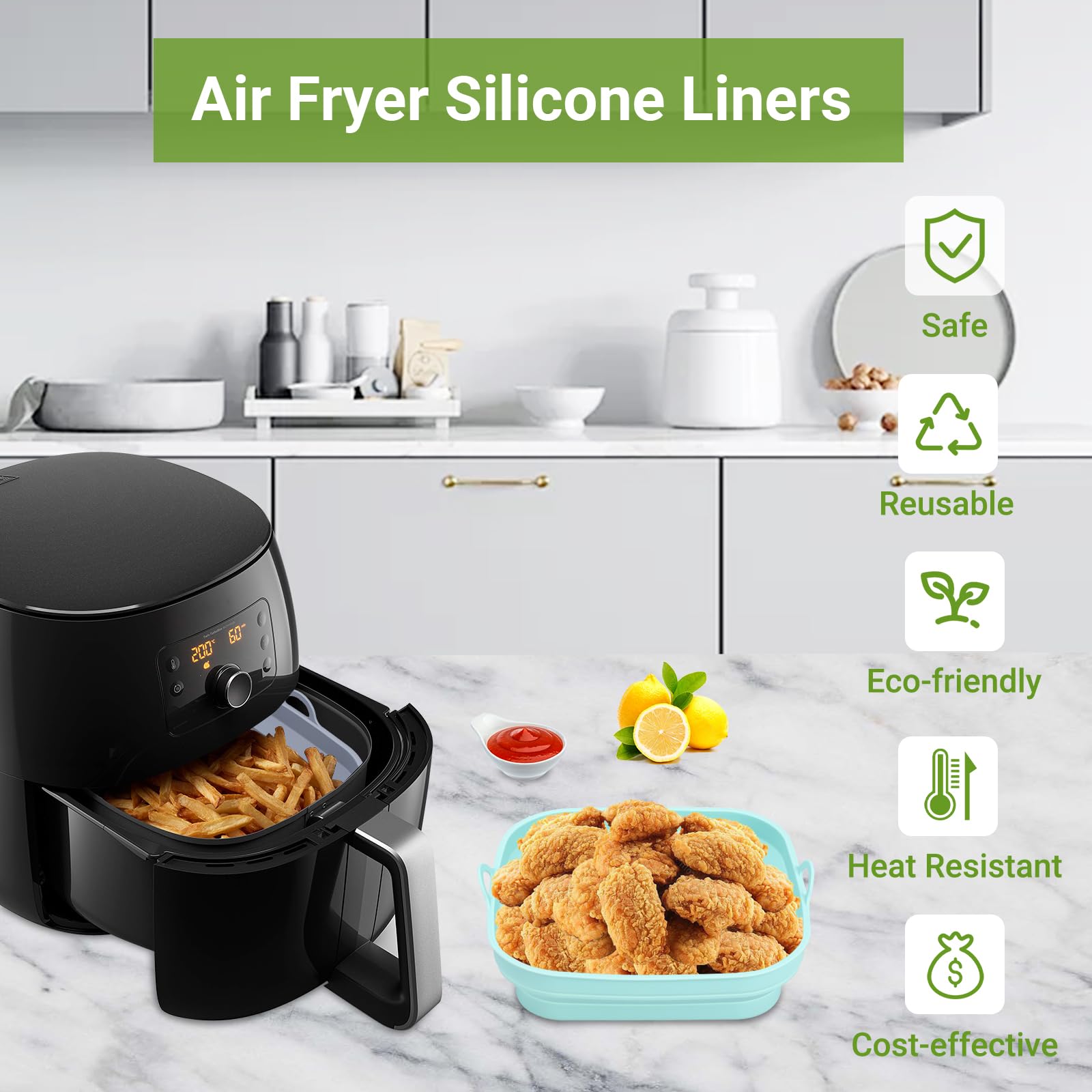 Alyvisun Silicone Air Fryer Basket Mold, 2-Piece Reusable Square Pan & Foldable Liner for Hot Air Fryer, Microwave & Oven (Blue + Gray) – Perfect for Healthy Cooking, Meal Prep & Snacks