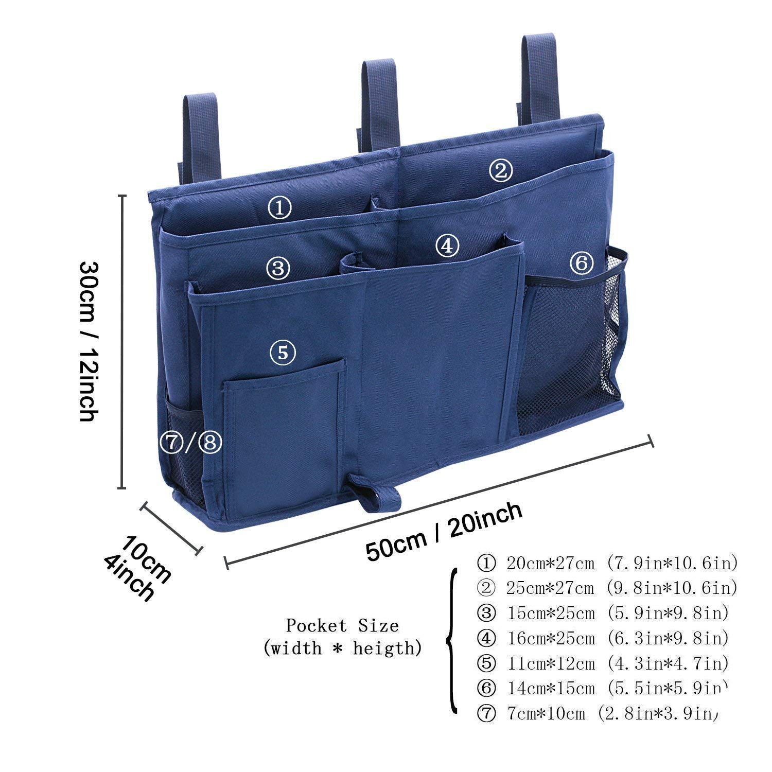 Upgraded Bedside Caddy with 3 POM Buckles - Hanging Organizer for Phone, Magazine, Remote & Accessories - Perfect for Dorm, Bunk Bed, Hospital, Bed Rail, Headboard - Great for Small Spaces, Apartments, Bathrooms & Travel Use