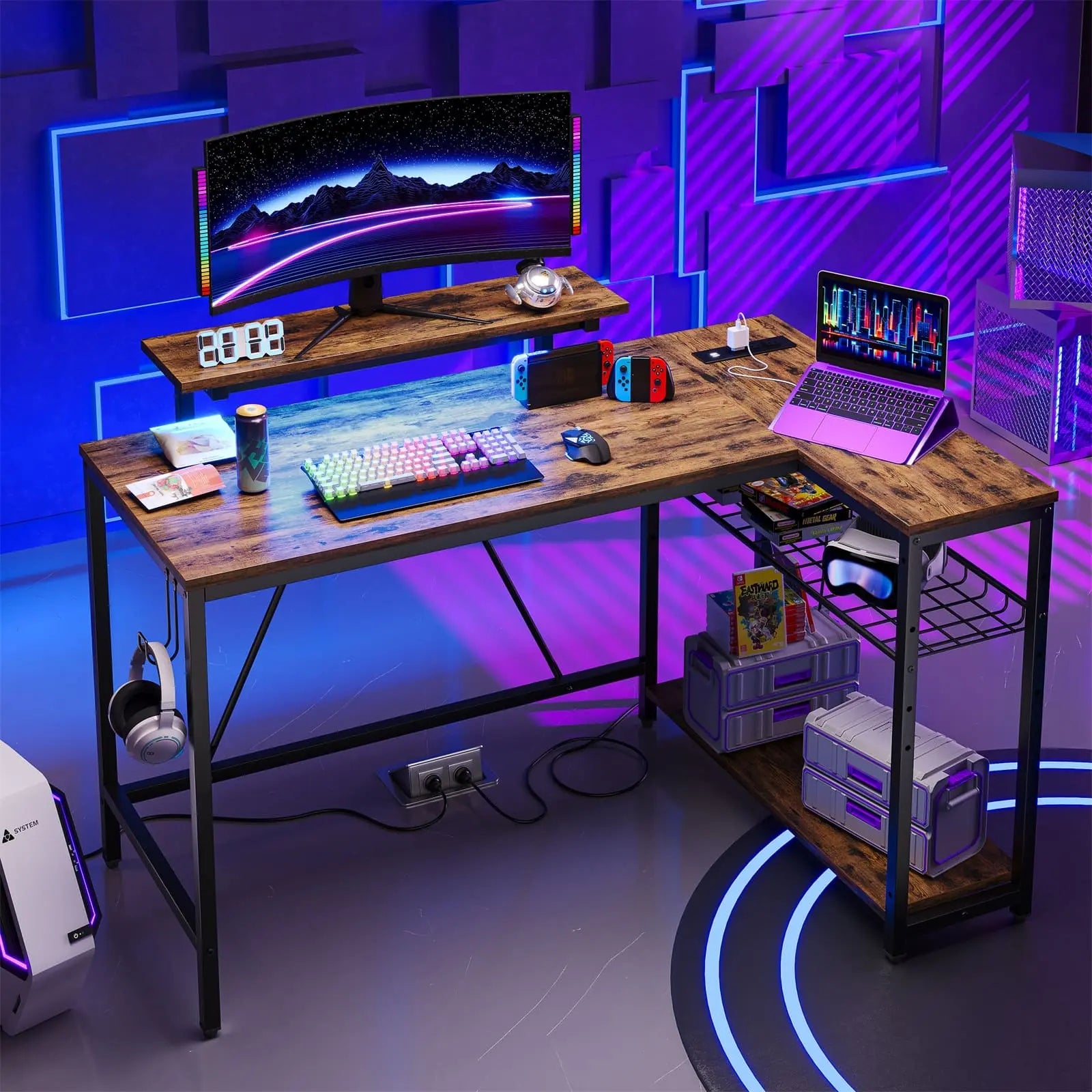 Bestier 48 Inch L-Shaped LED Gaming Desk with Monitor Stand - Ergonomic Computer Workstation for PC Gamers & Home Office Setup