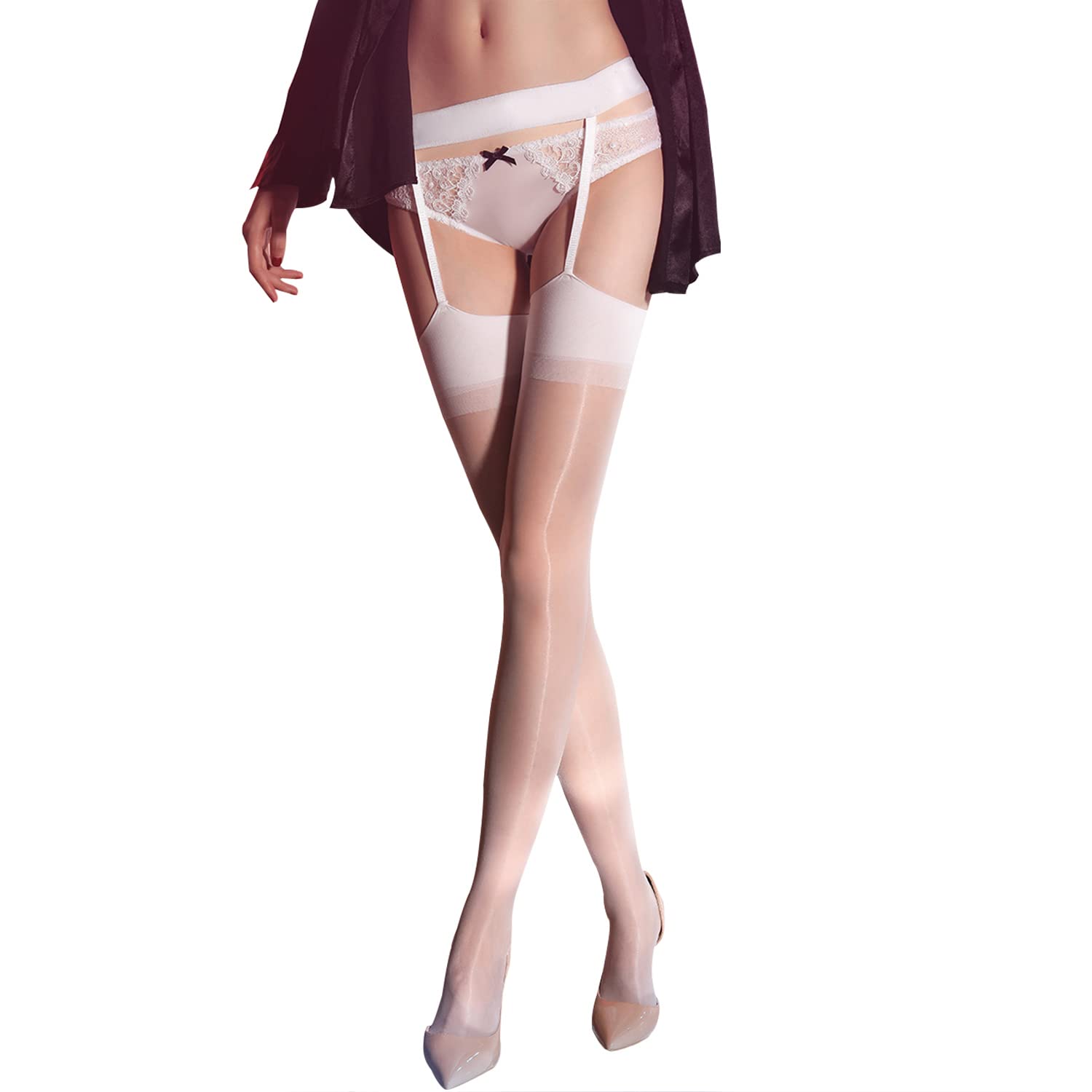 Sexy Shiny Sheer Thigh High Suspender Stockings for Women - Glossy Pantyhose with Garter Belt for Date Night & Lingerie Fashion