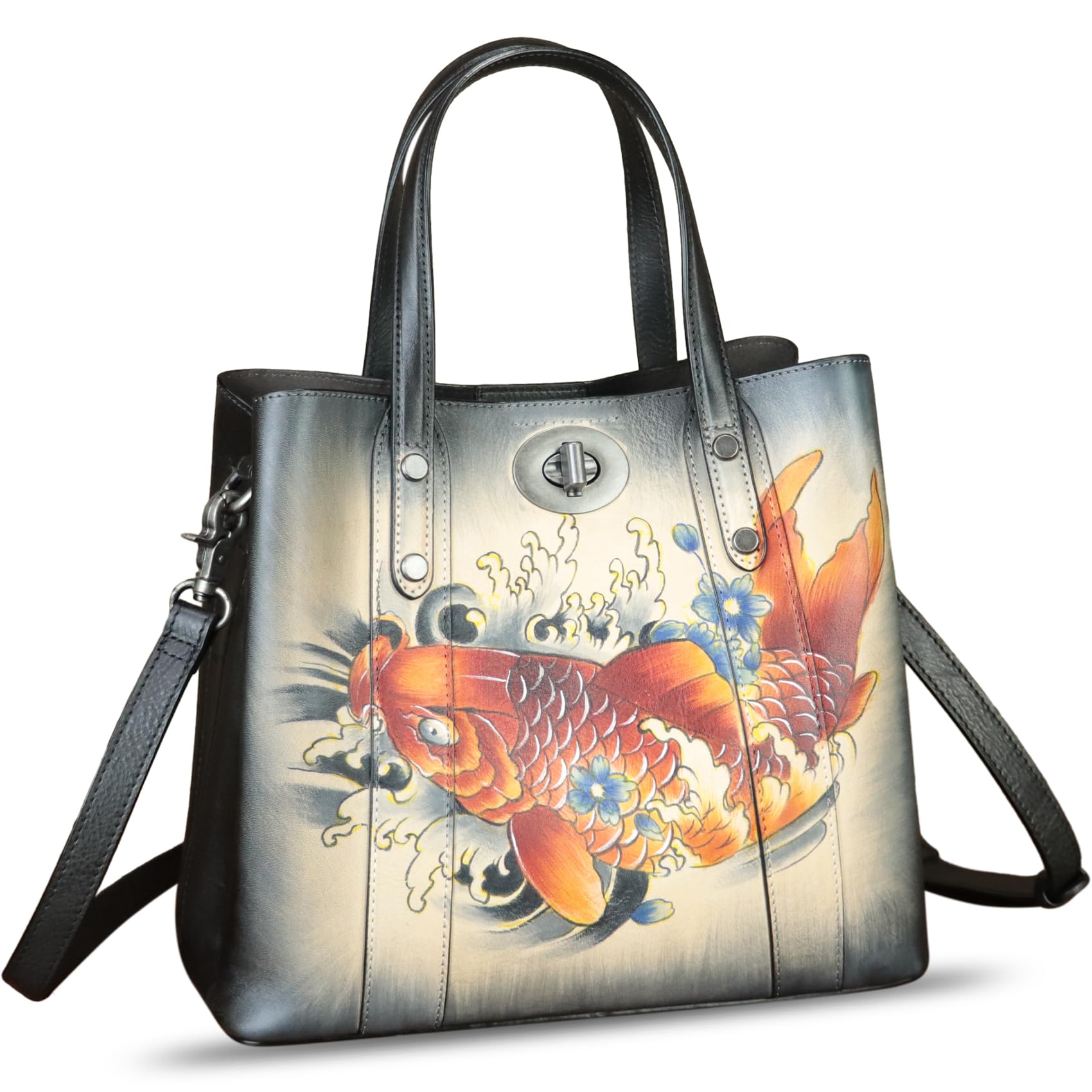 Genuine Leather Handbag for Women - Handcrafted Satchel Tote Bag with Hand-Painted Design, Casual Shoulder Purse for Work, Travel & Everyday Use