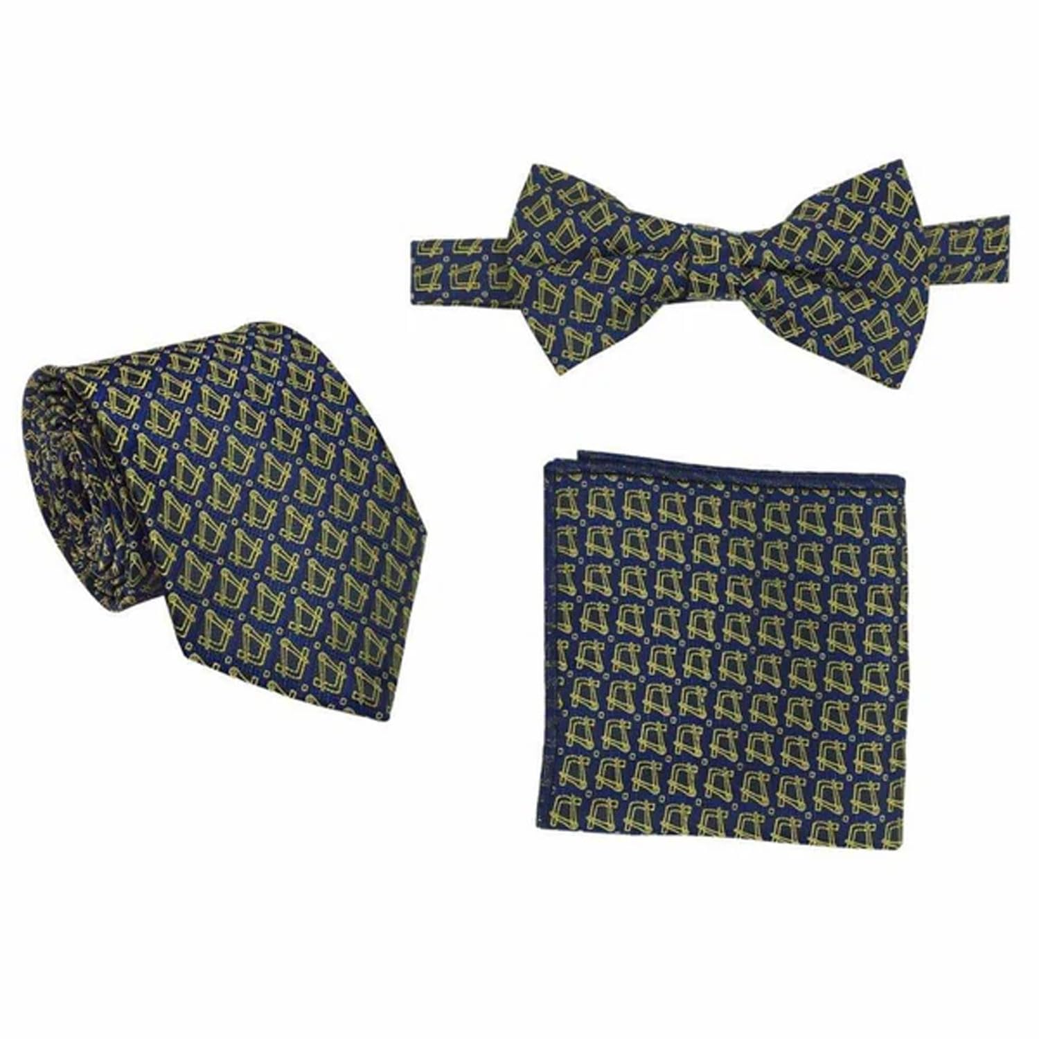 Masonic Clothing Accessories Set for Men - Formal Tie, Bow Tie & Pocket Square Handkerchief | Freemason Lodge Apparel & Gifts | Perfect for Masonic Ceremonies, Weddings and Special Occasions