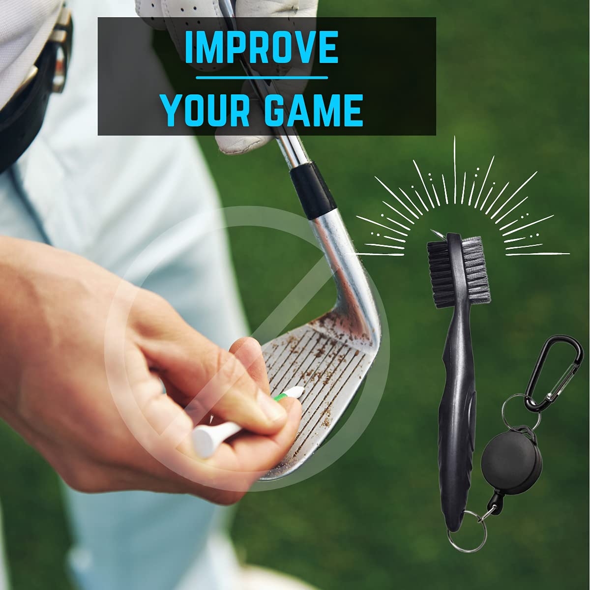 Premium Golf Club Groove Brush Cleaner - Dual Bristle Golf Accessories Cleaning Tool with Retractable Zip-line & Aluminum Carabiner - Perfect for Golf Bag Organization & On-Course Club Maintenance