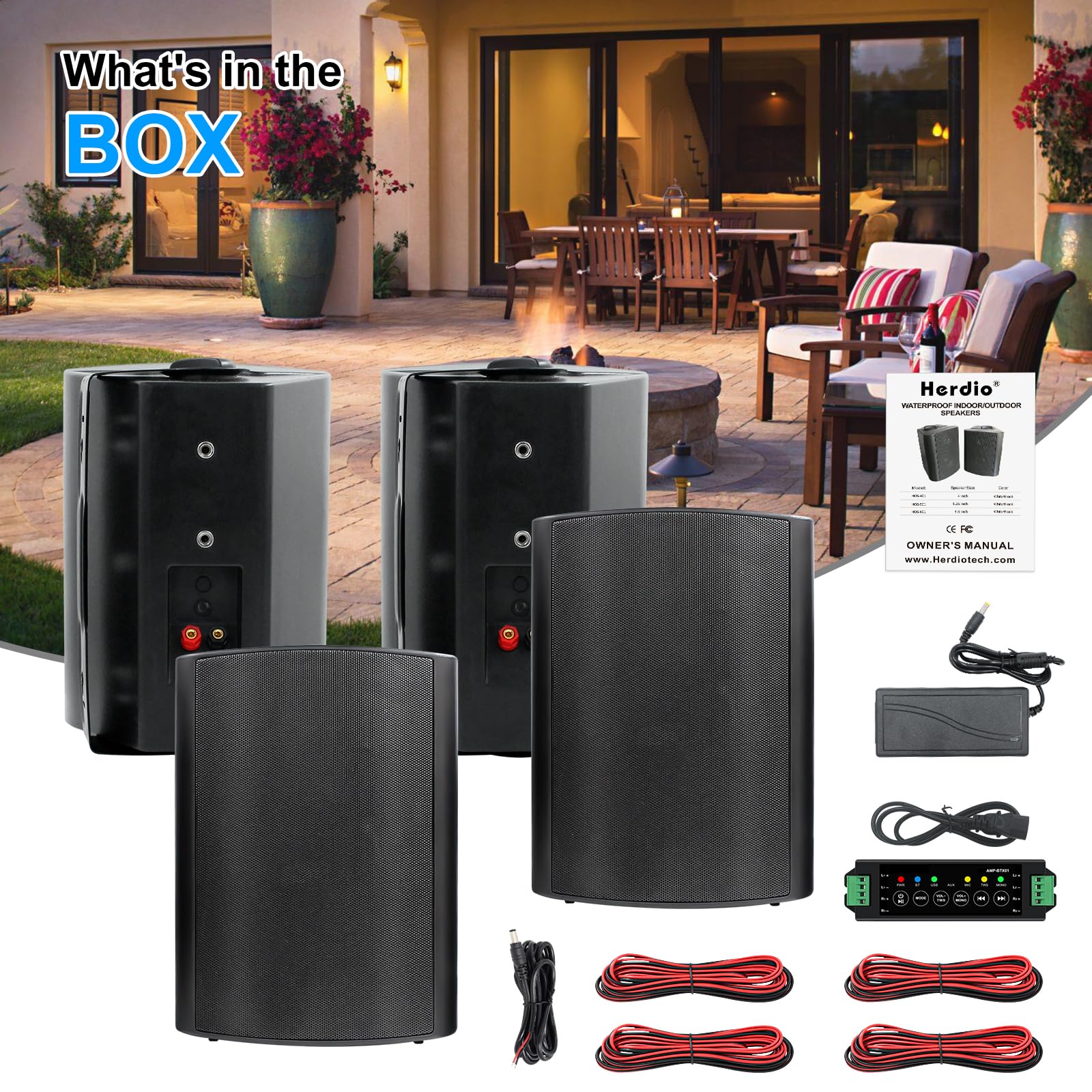 Herdio 6.5 Inch 800W Waterproof Outdoor Bluetooth Speakers - Wall Mounted Sound System with Powerful Bass & Stereo Sound, Multi-Functional Amplifier - Easy Installation for Patio, Deck, Porch, Backyard, Pool Party (2 Pairs Black)